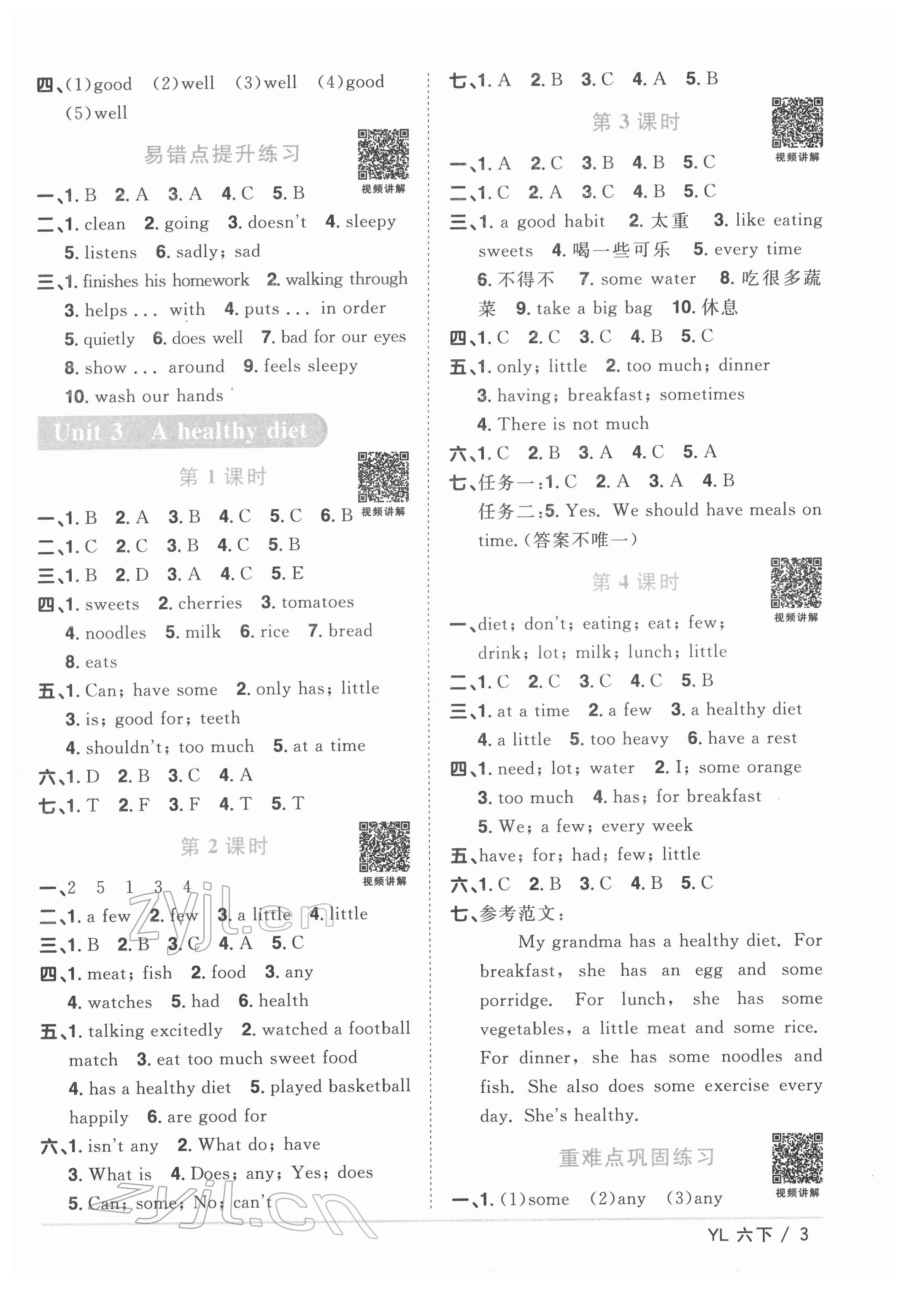 2022年陽光同學課時優(yōu)化作業(yè)六年級英語下冊譯林版 參考答案第3頁