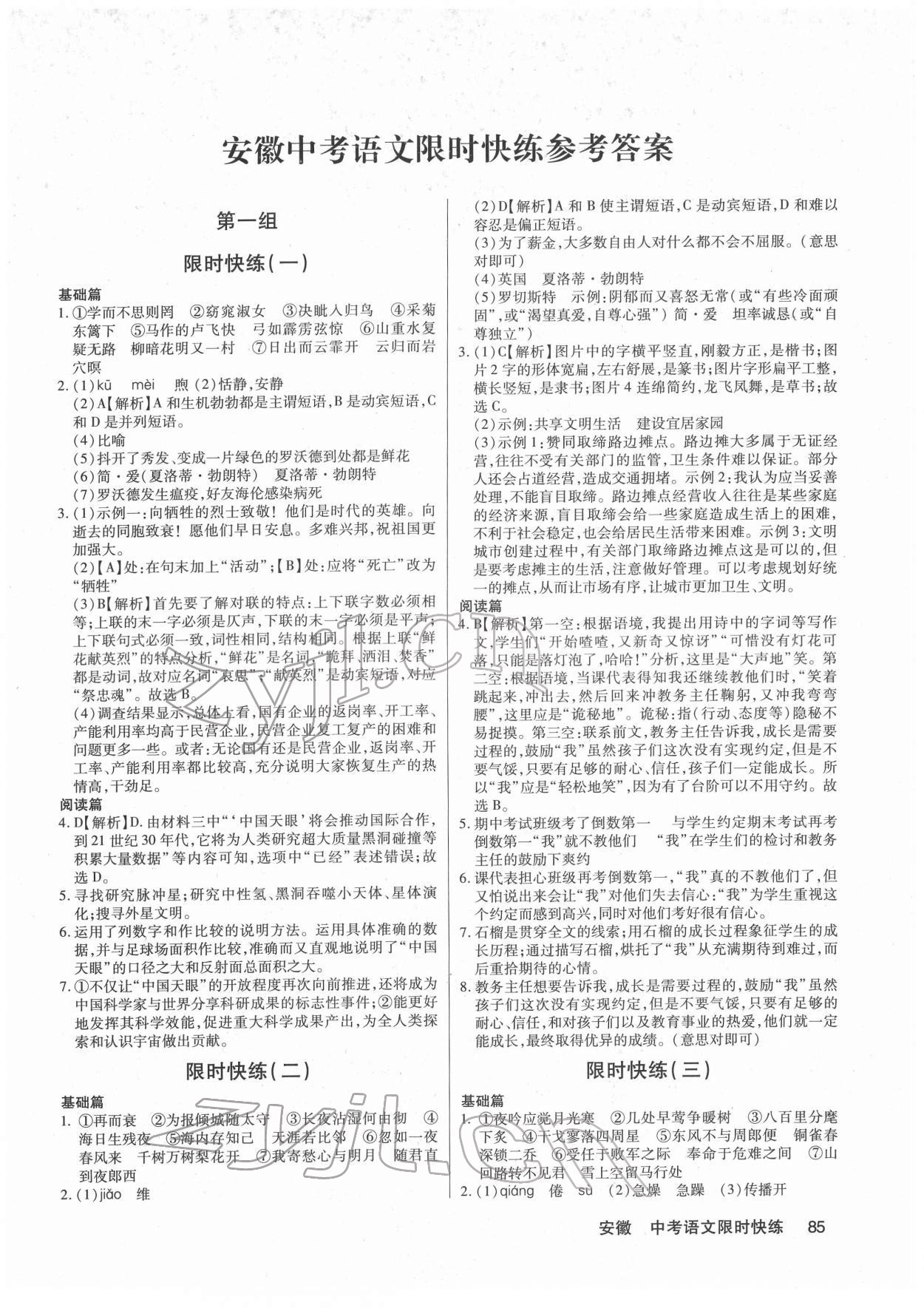 2022年中考语文限时快练语文安徽专版 第1页