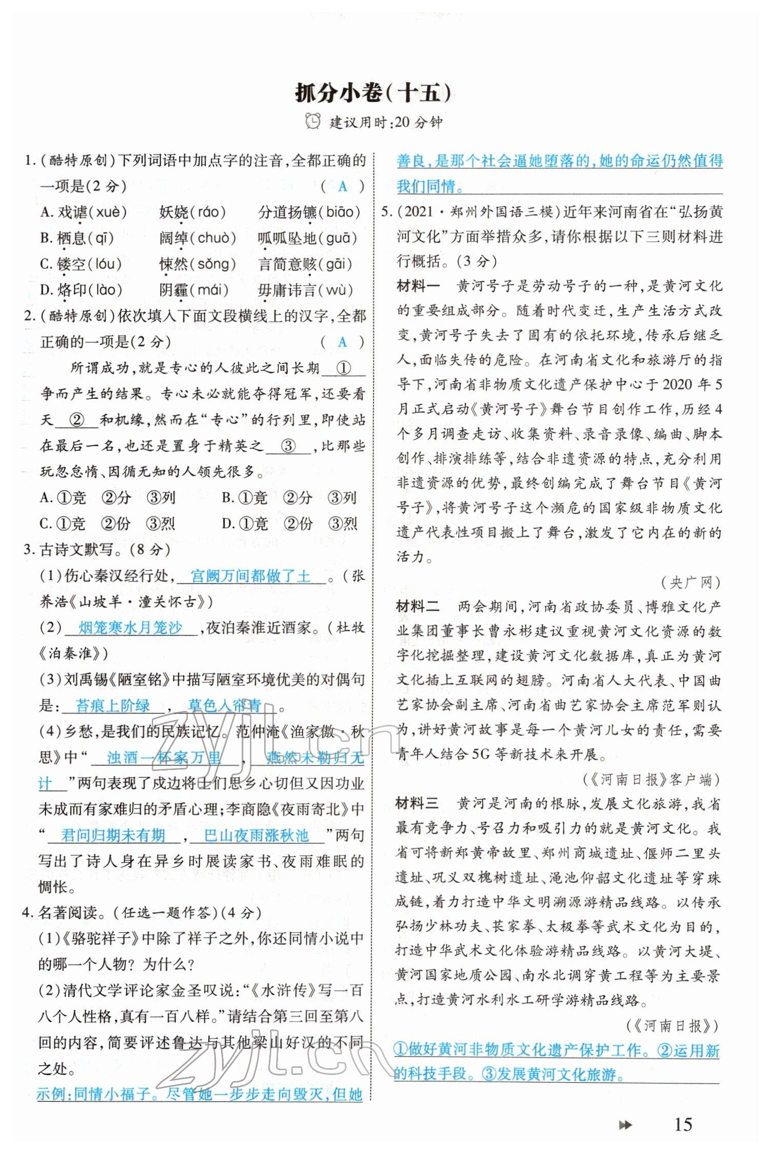 2022年领航中考一本通语文河南专版 参考答案第15页