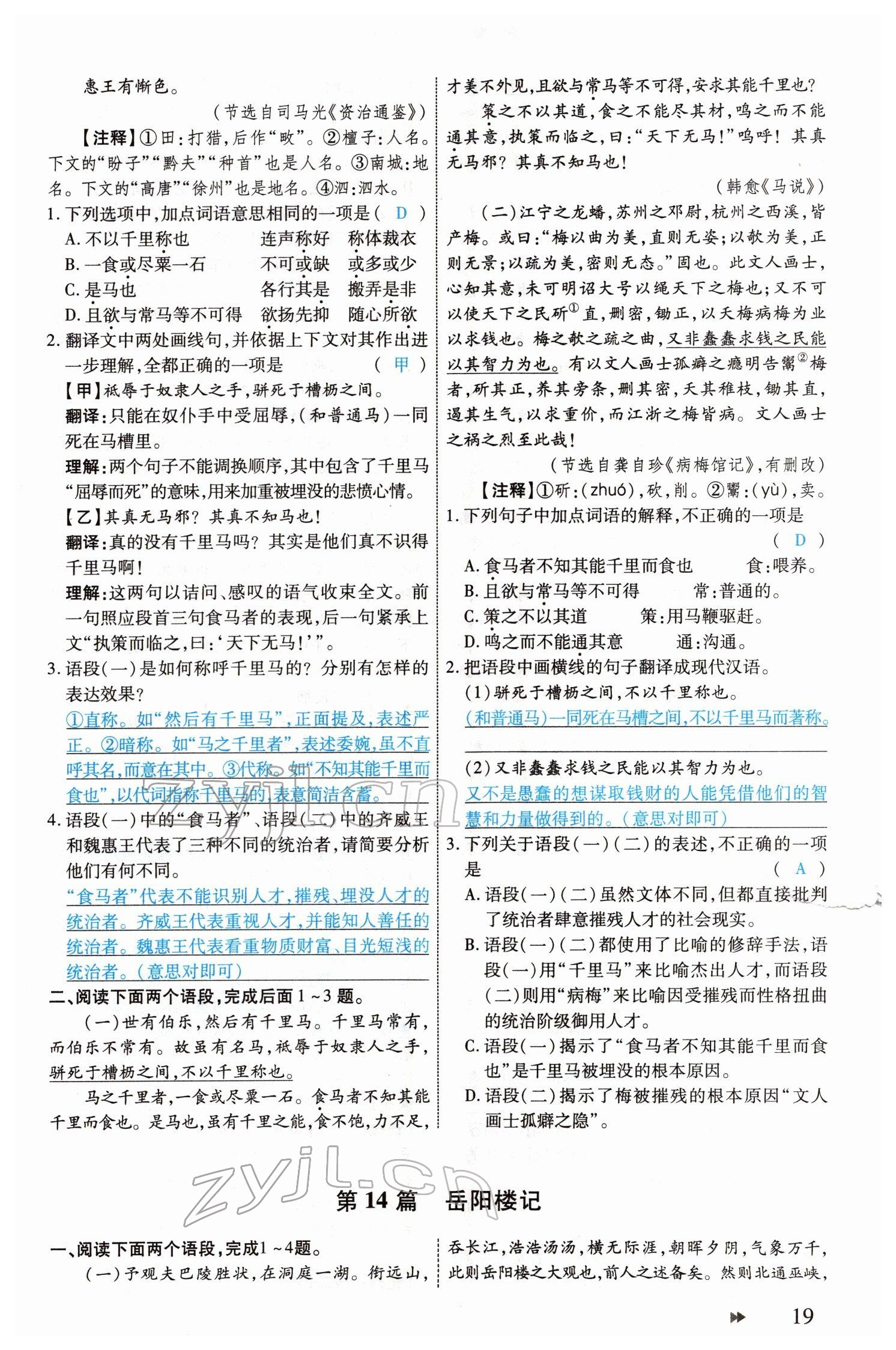 2022年领航中考一本通语文河南专版 参考答案第19页