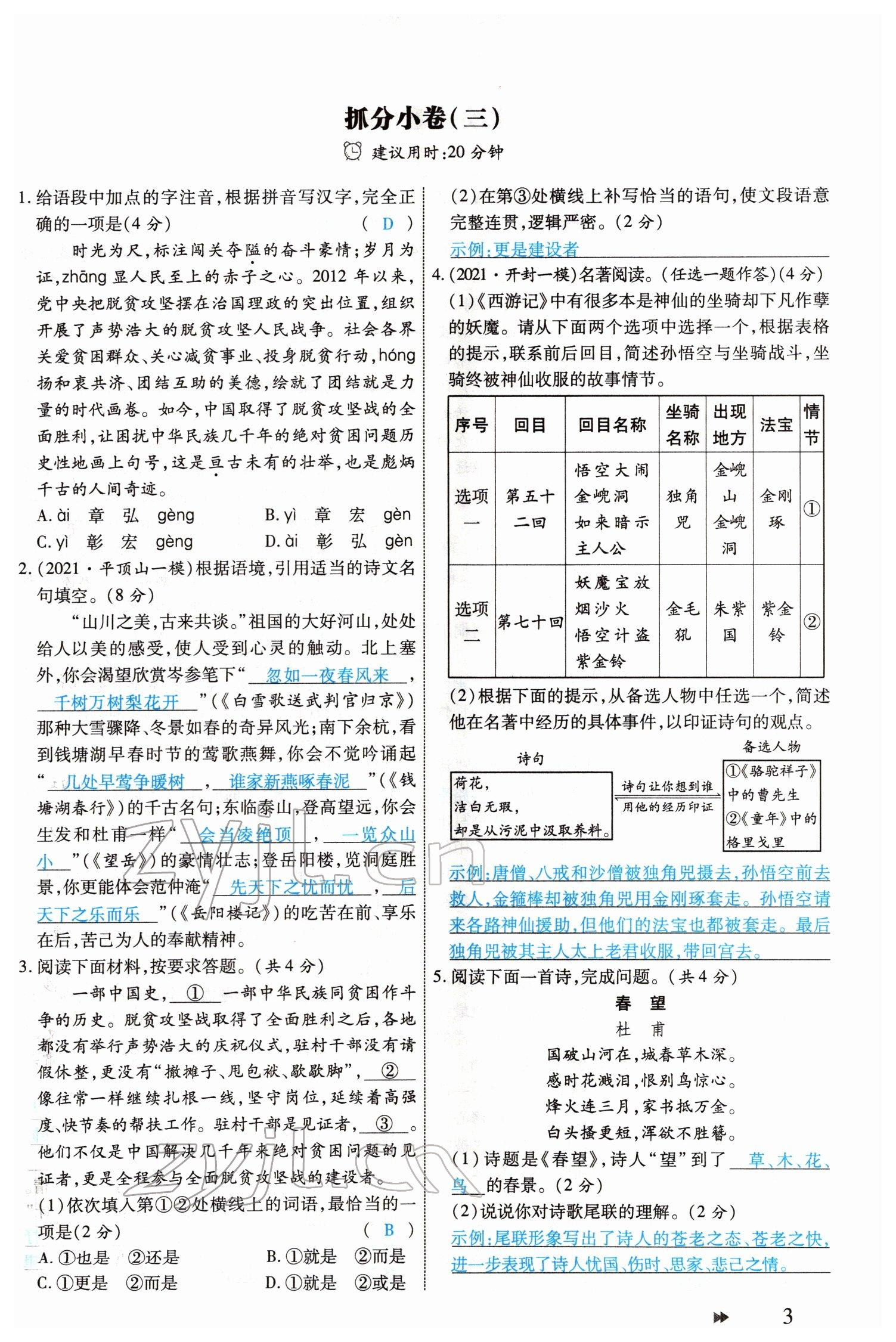 2022年领航中考一本通语文河南专版 参考答案第3页