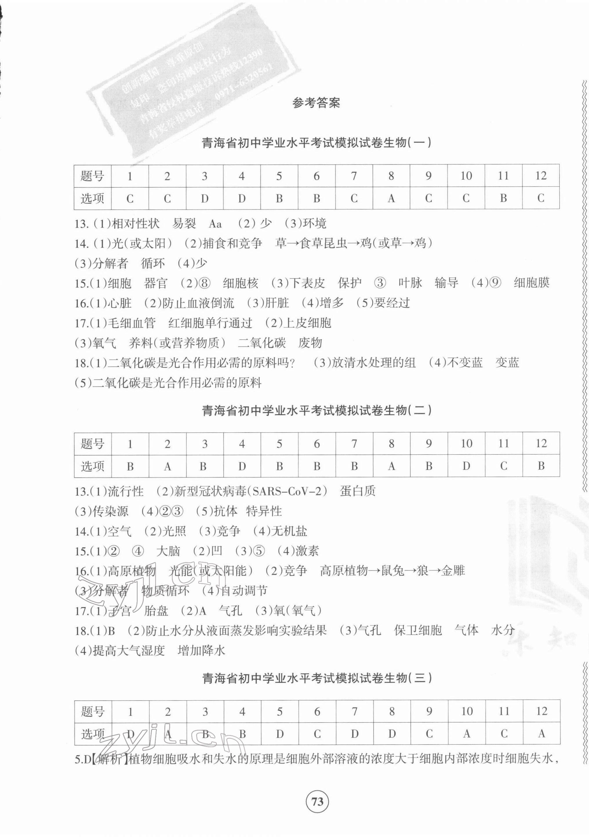 2022年青海省初中学业水平考试模拟试卷生物 第1页