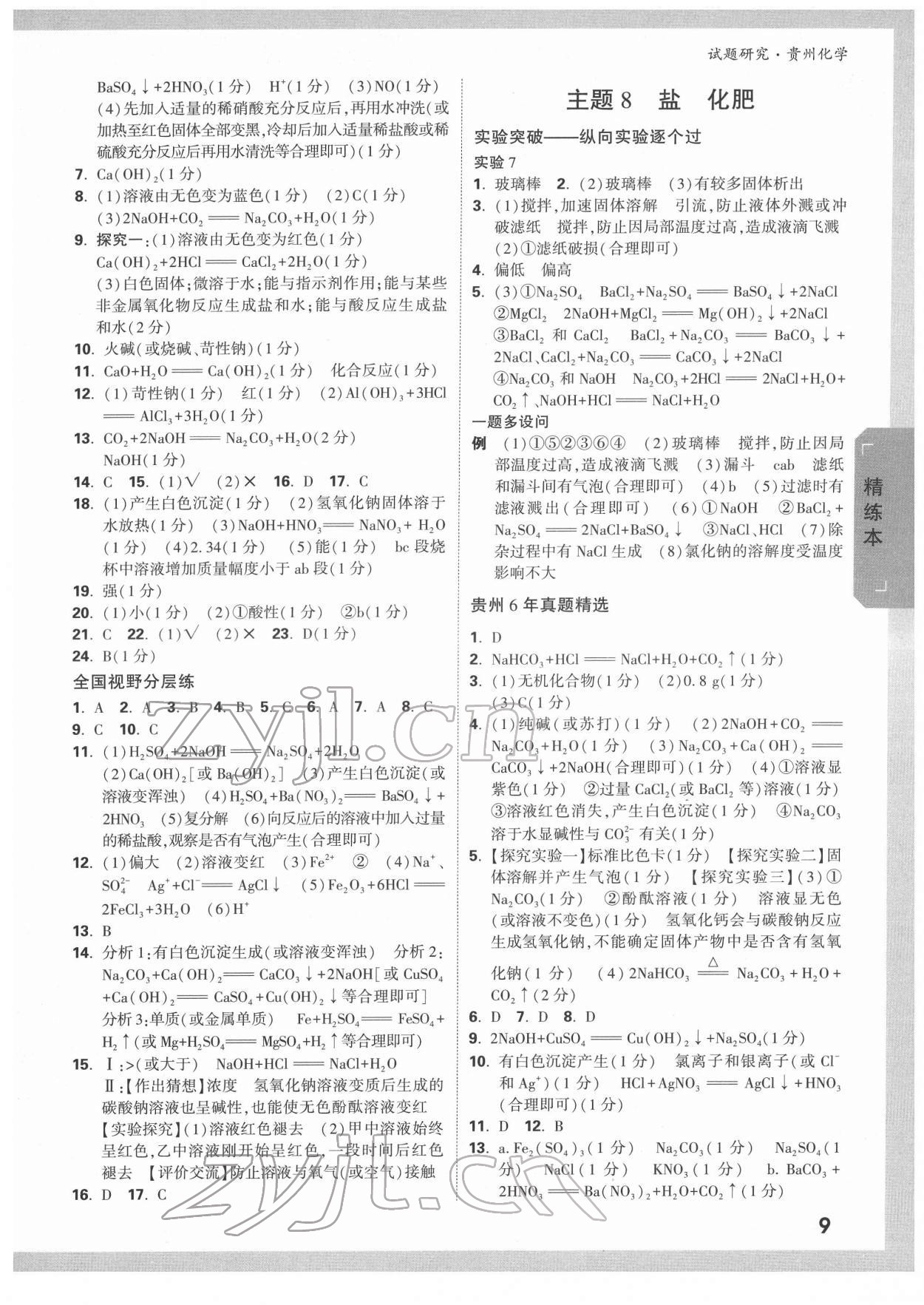 2022年万唯中考试题研究化学贵州专版 参考答案第8页
