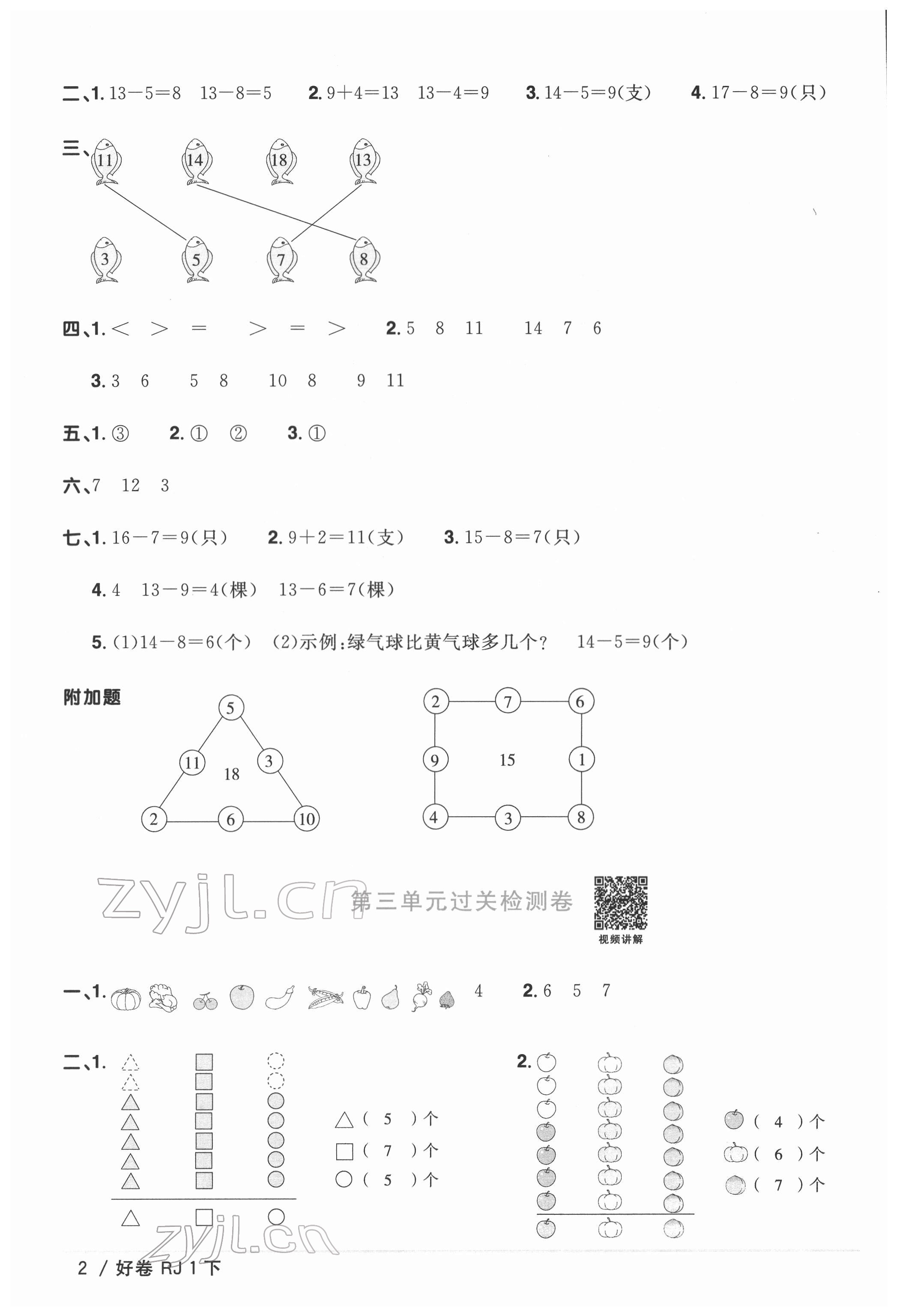 2022年阳光同学一线名师全优好卷一年级数学下册人教版 参考答案第2页