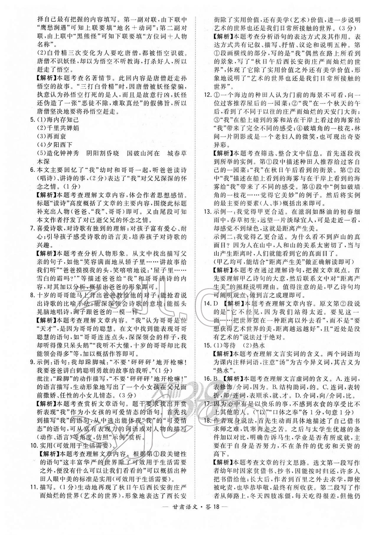 2022年天利38套中考试题精选语文甘肃专版 参考答案第18页