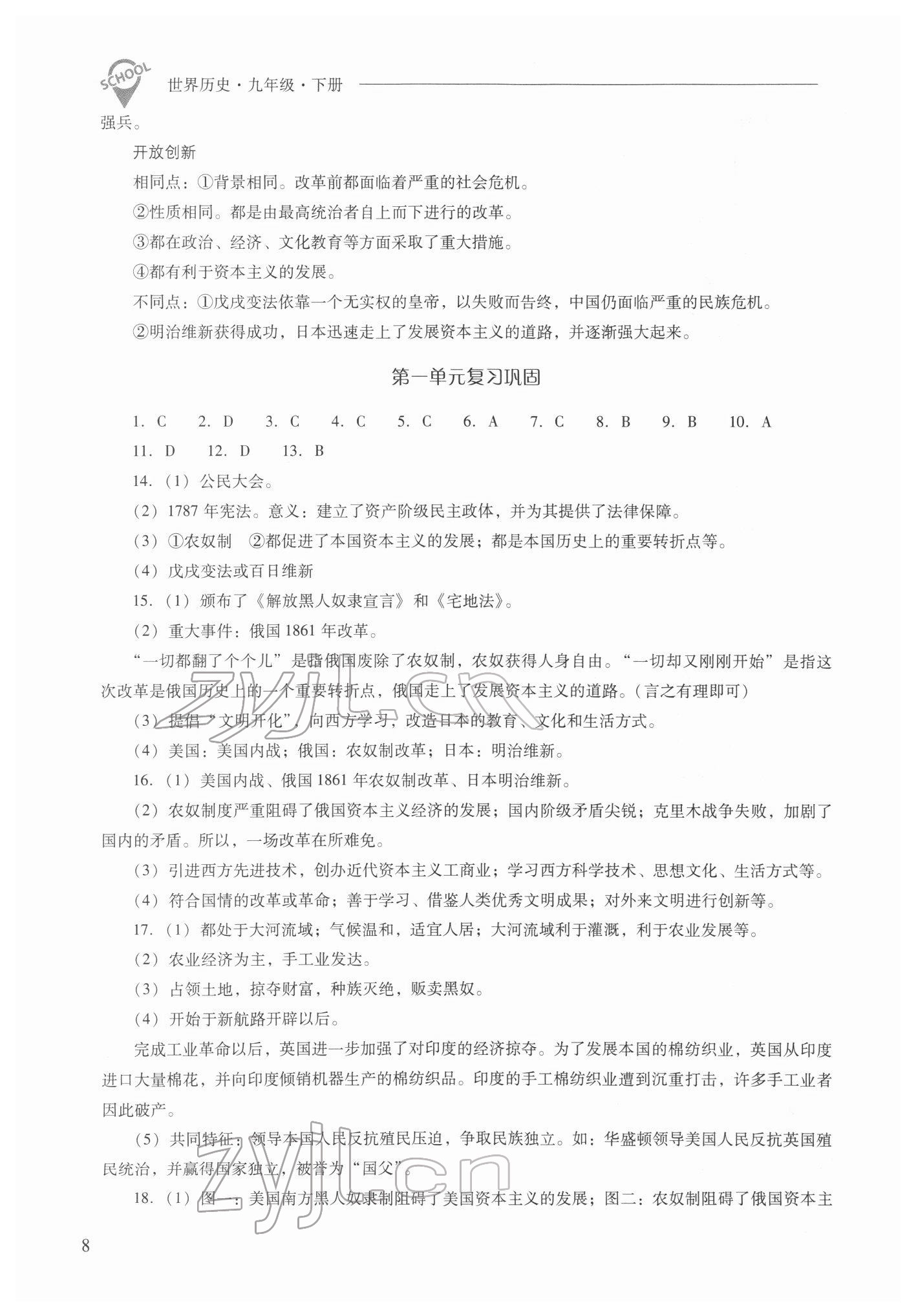 2022年新課程問題解決導(dǎo)學(xué)方案九年級歷史下冊人教版 參考答案第8頁