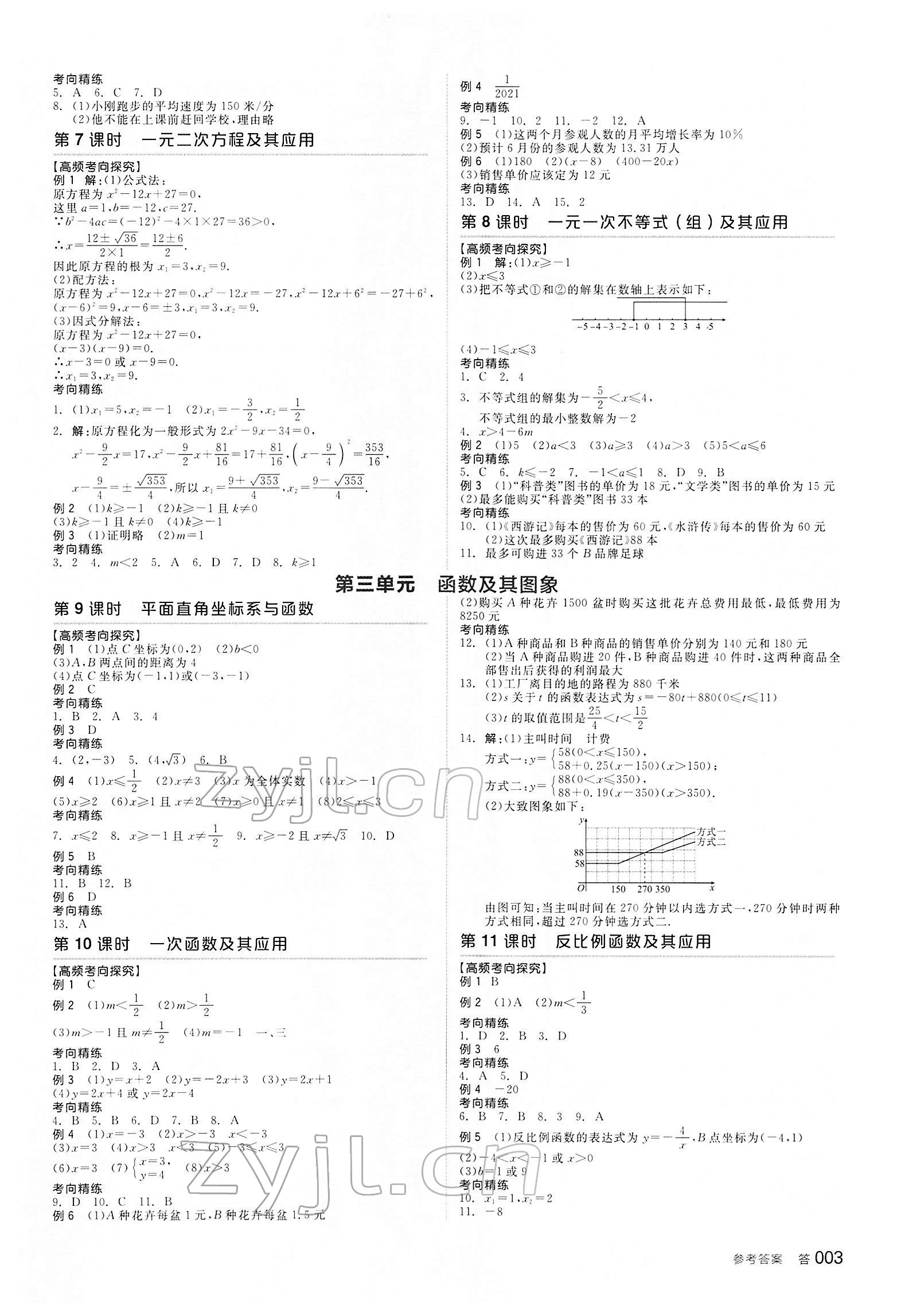 2022年全品中考复习方案数学内蒙古专版 参考答案第2页