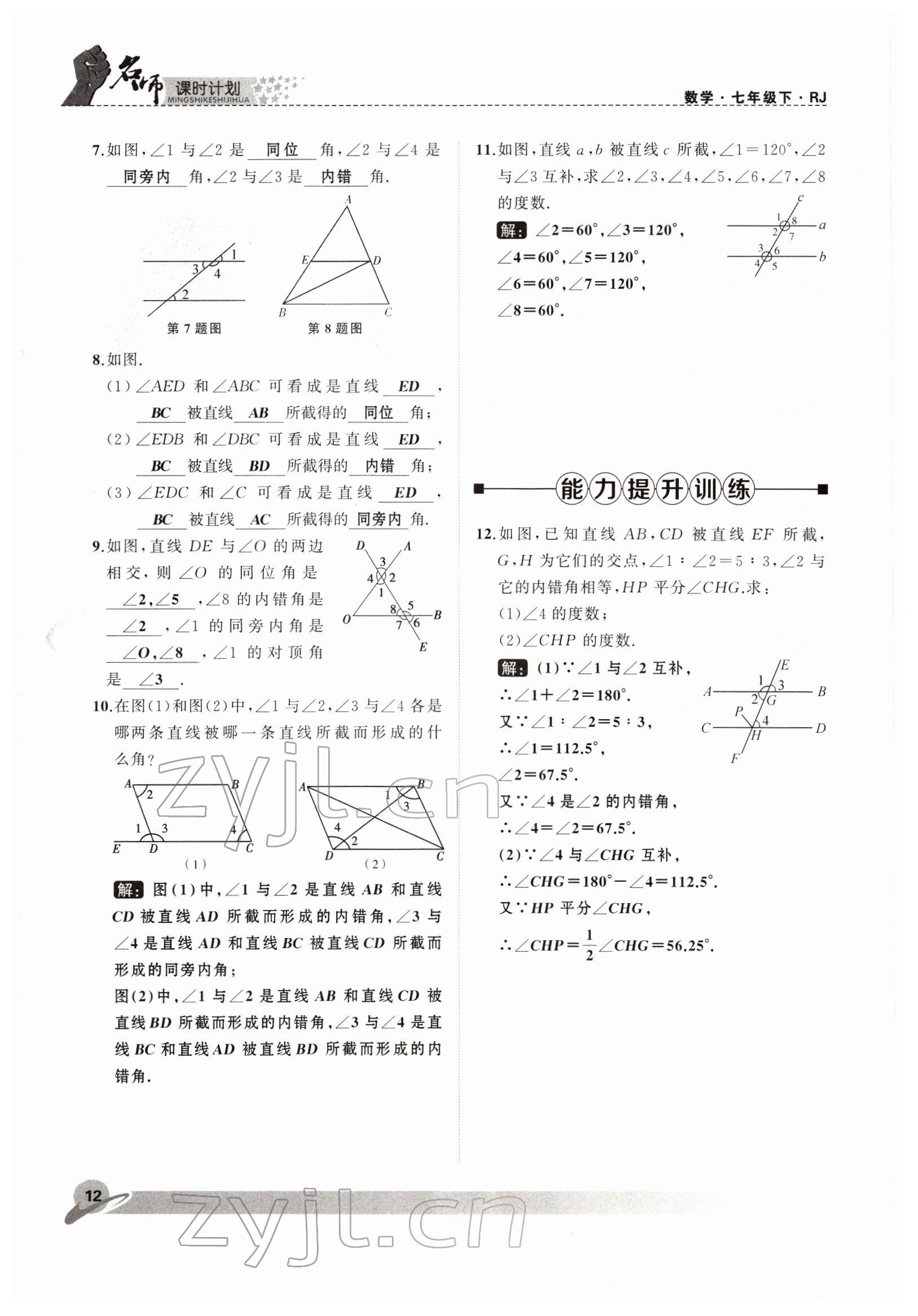 2022年名師課時計劃七年級數(shù)學(xué)下冊人教版 參考答案第12頁