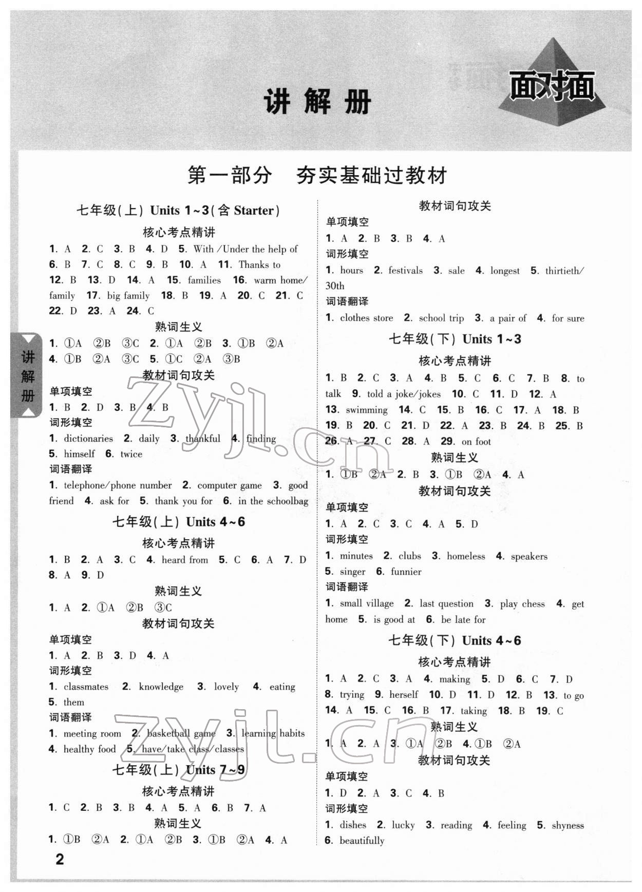 2022年中考面對面英語云南專版 參考答案第1頁