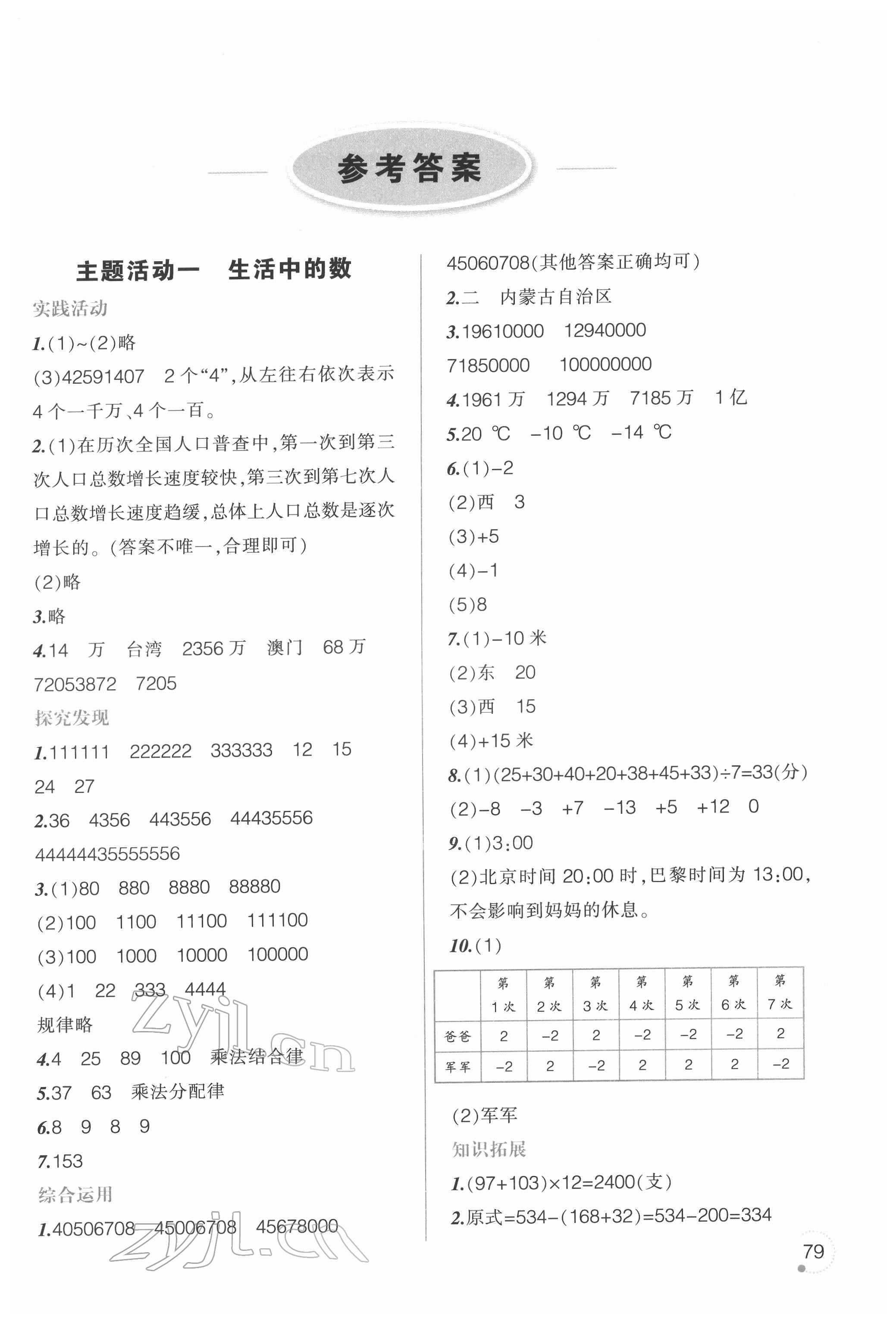 2022年寒假乐园四年级数学辽宁师范大学出版社 参考答案第1页