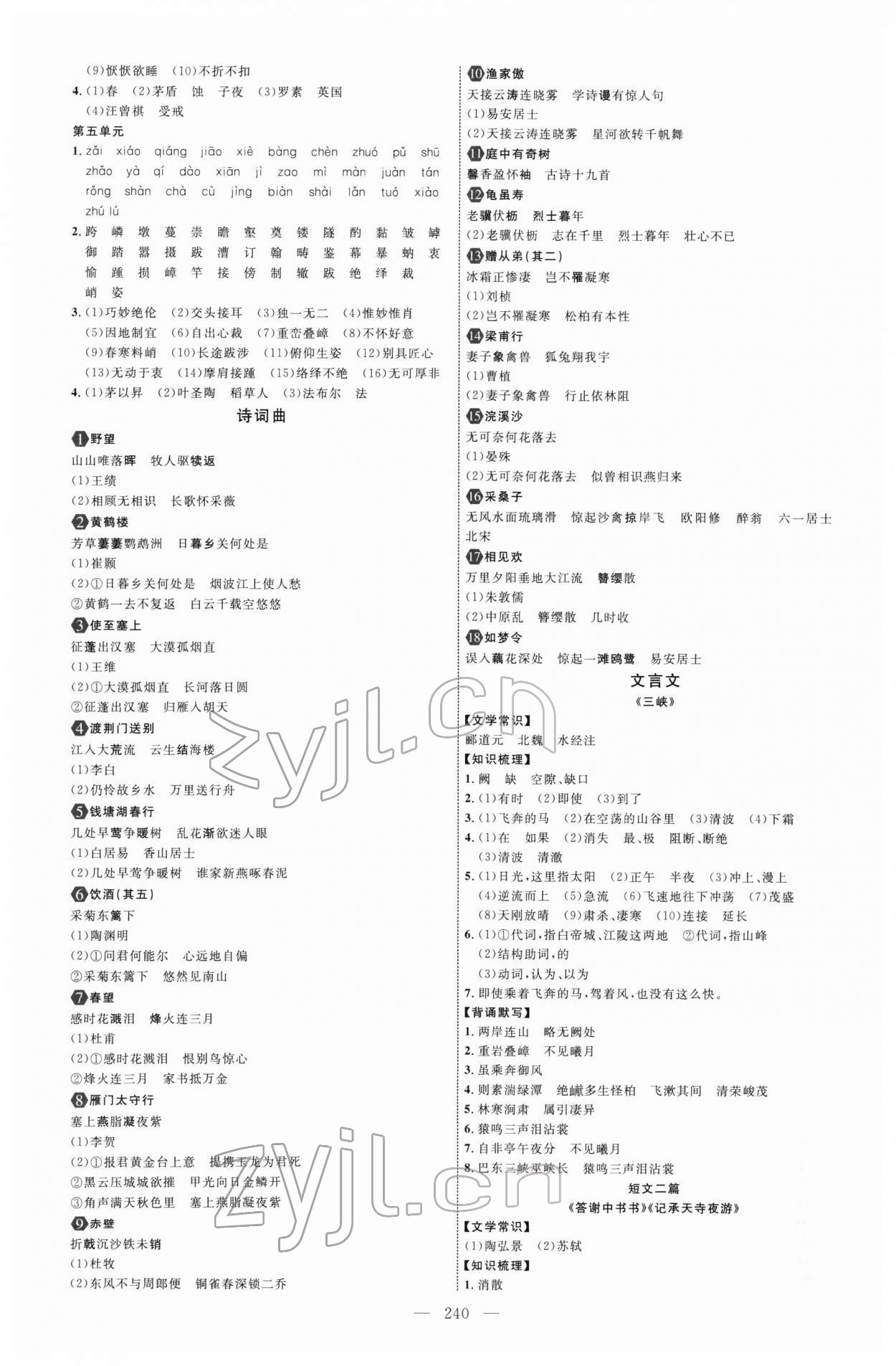 2022年初中總復(fù)習(xí)全程導(dǎo)航語文人教版煙臺(tái)專版 參考答案第7頁