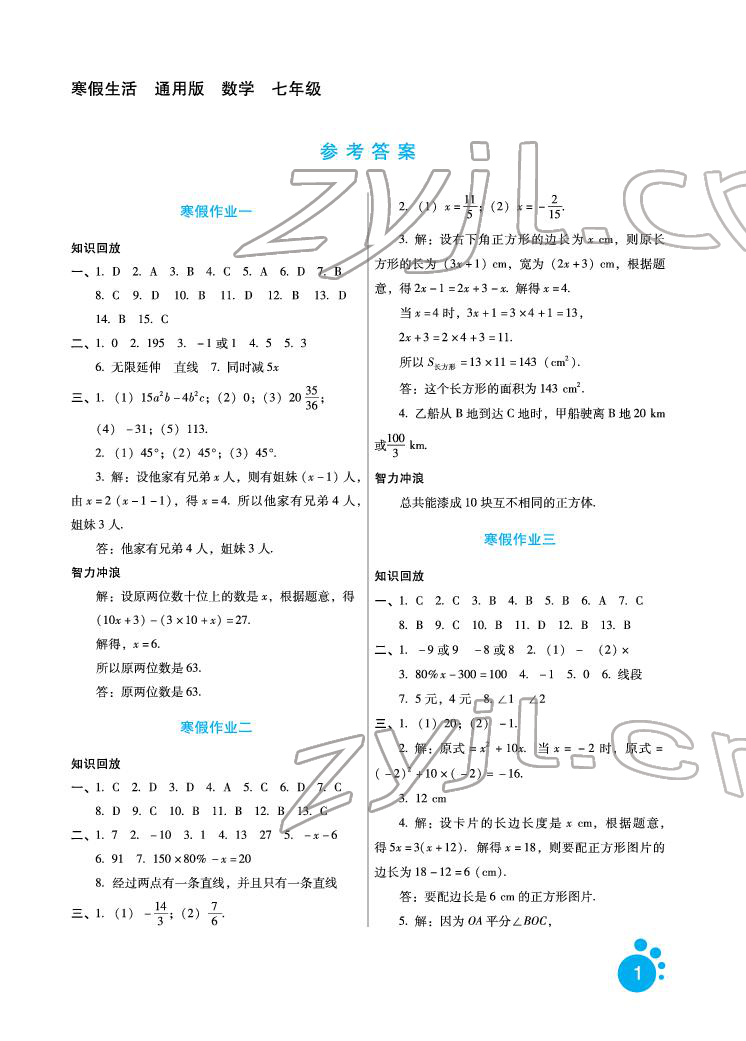 2022年寒假生活河北少年兒童出版社七年級(jí)數(shù)學(xué)寒假作業(yè)通用版 參考答案第1頁(yè)