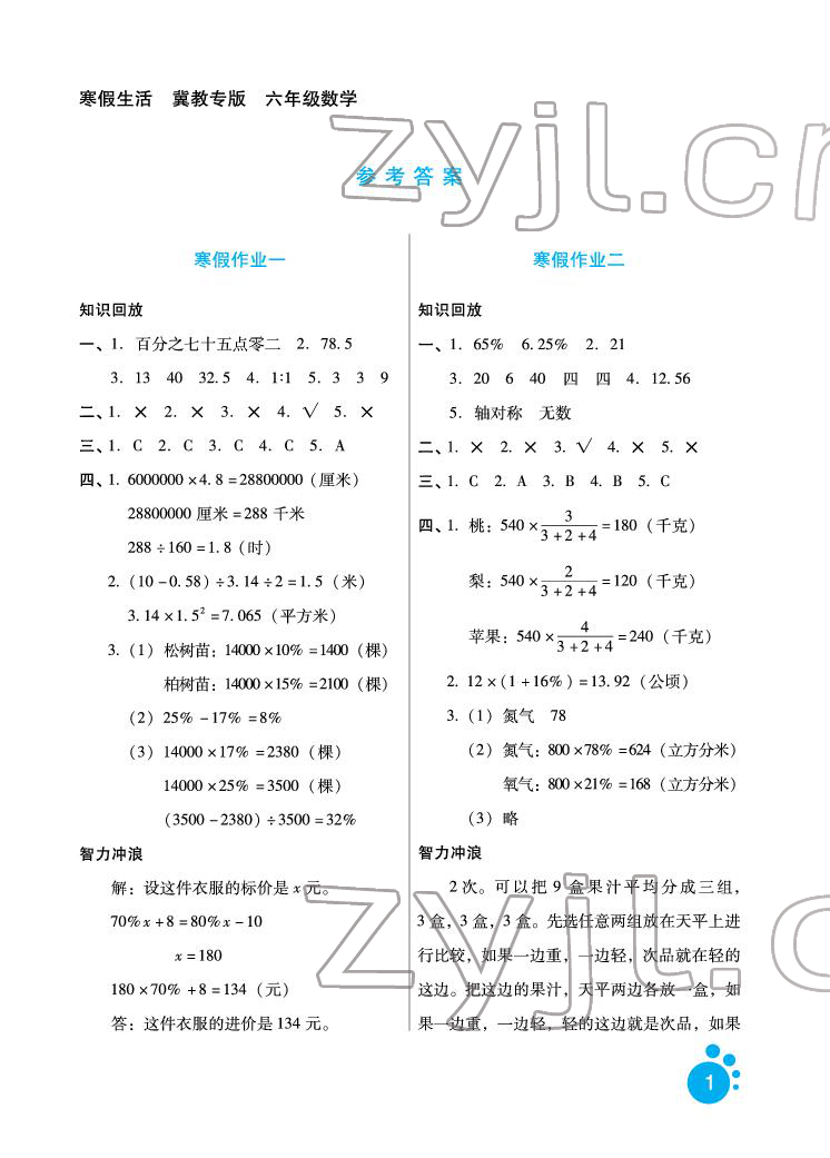 2022年寒假生活六年级数学冀教版河北人民出版社 参考答案第1页