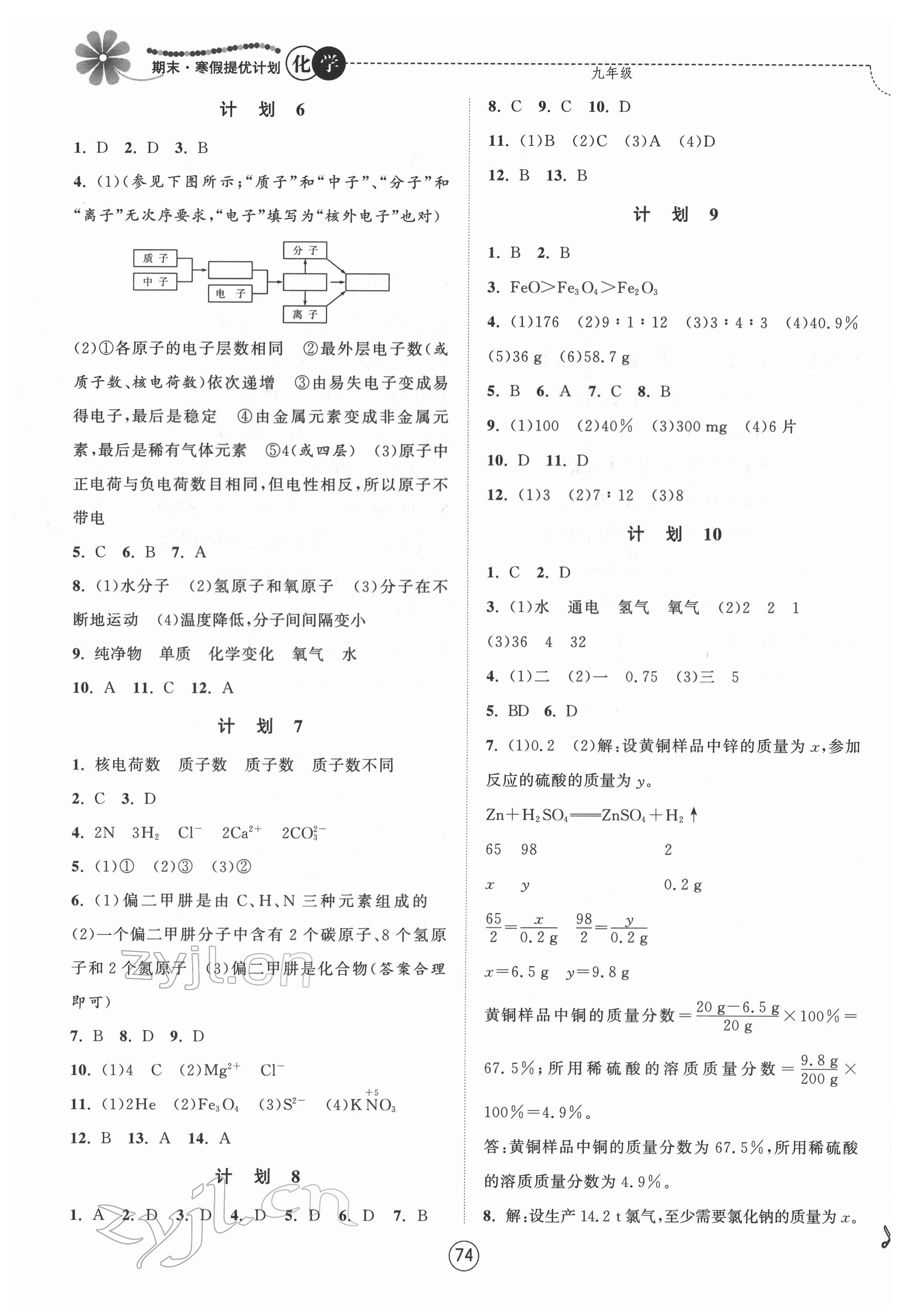 2022年期末寒假提优计划九年级化学沪教版 参考答案第2页