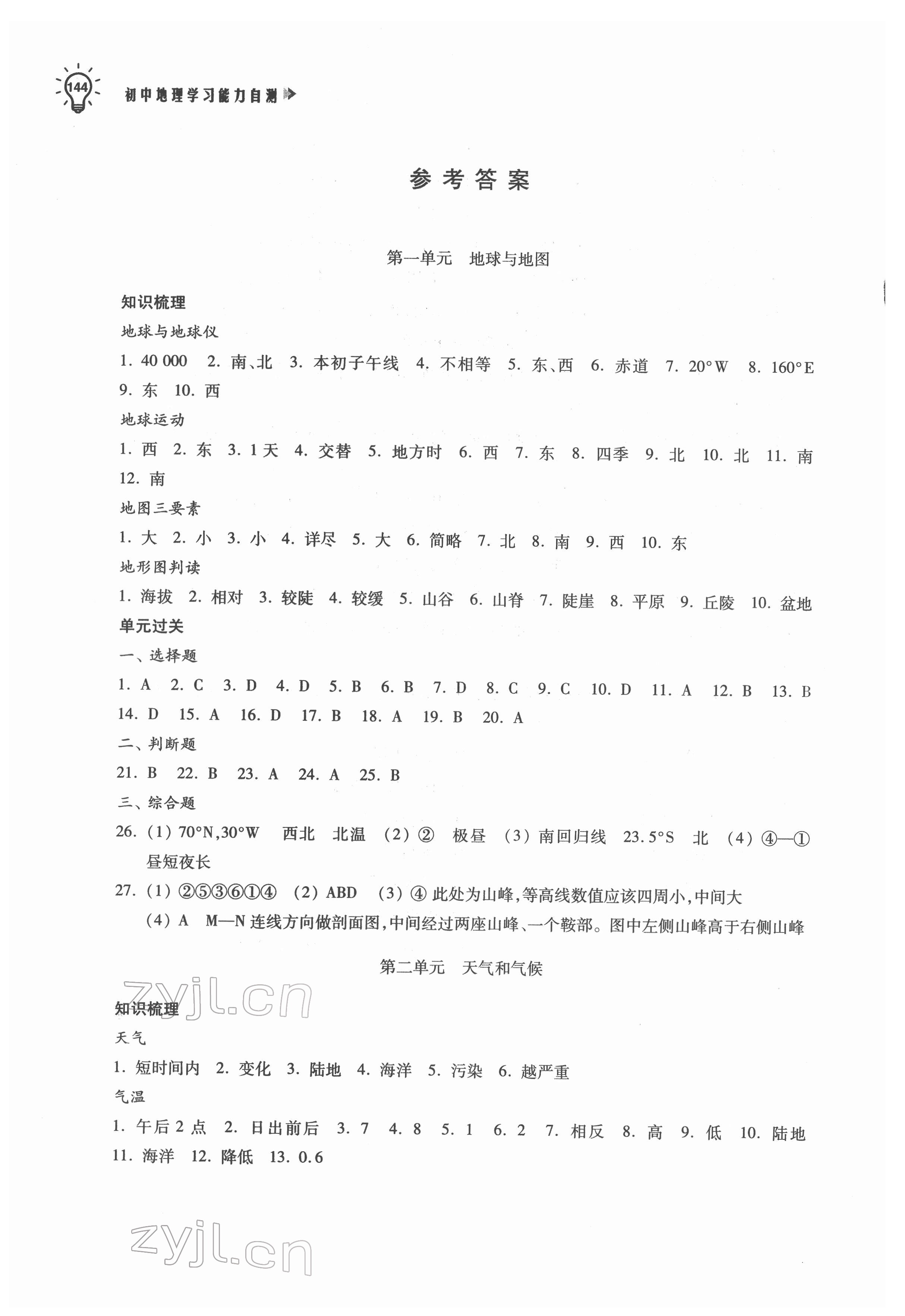 2022年初中地理學(xué)習(xí)能力自測 參考答案第1頁