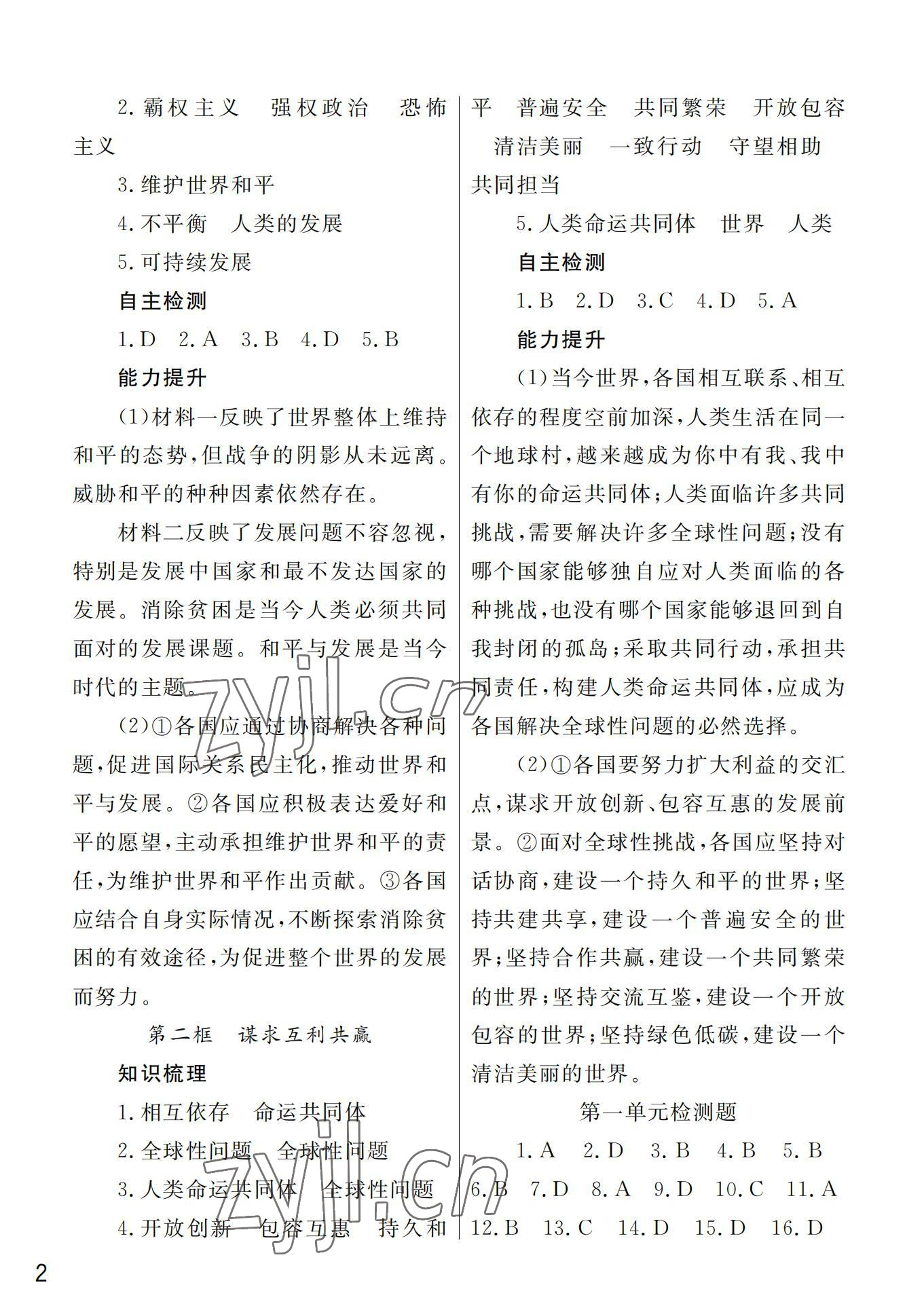 2022年課堂作業(yè)武漢出版社九年級道德與法治下冊人教版 第2頁