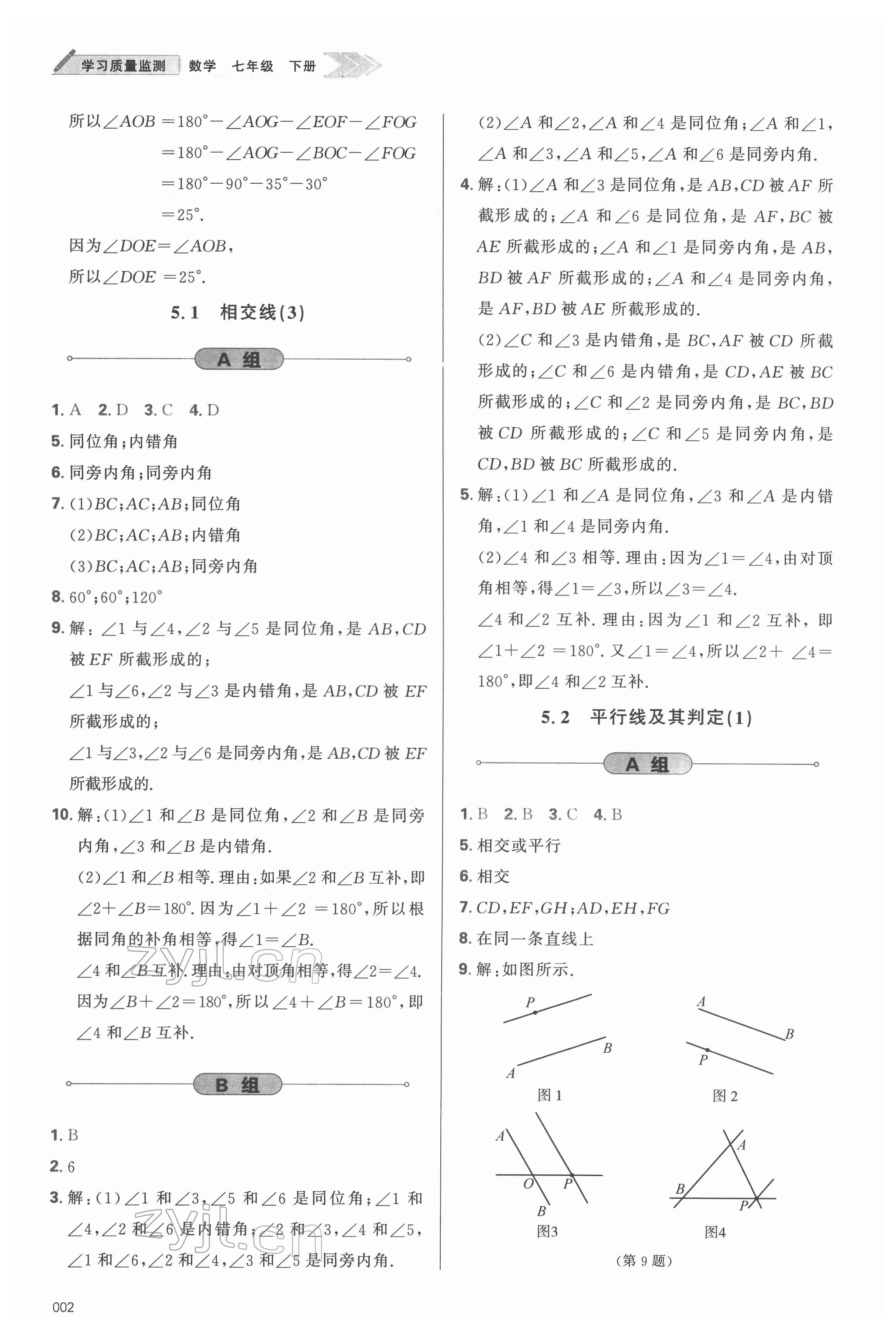 2022年學(xué)習(xí)質(zhì)量監(jiān)測七年級數(shù)學(xué)下冊人教版 參考答案第2頁