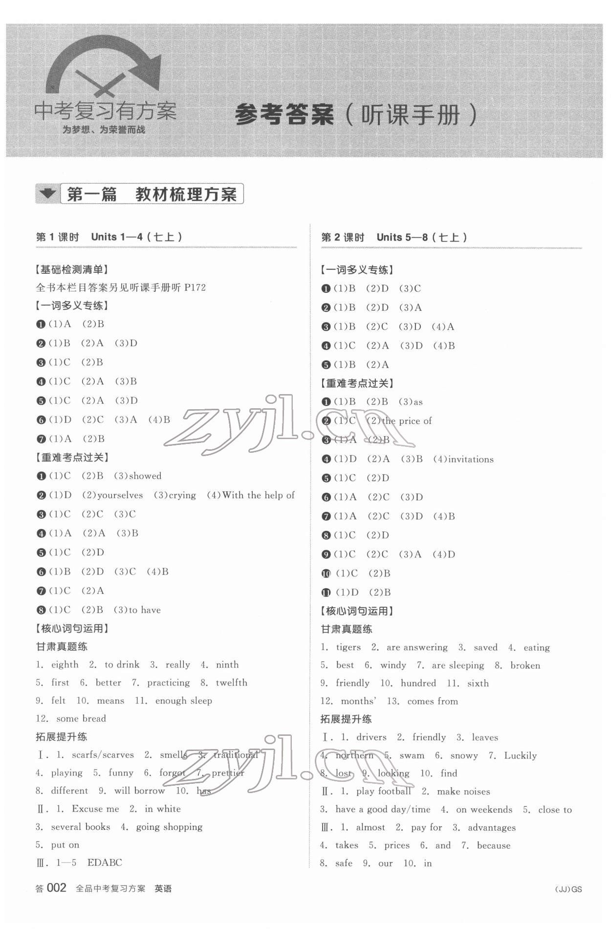 2022年全品中考復(fù)習(xí)方案英語冀教版甘肅專版 參考答案第1頁