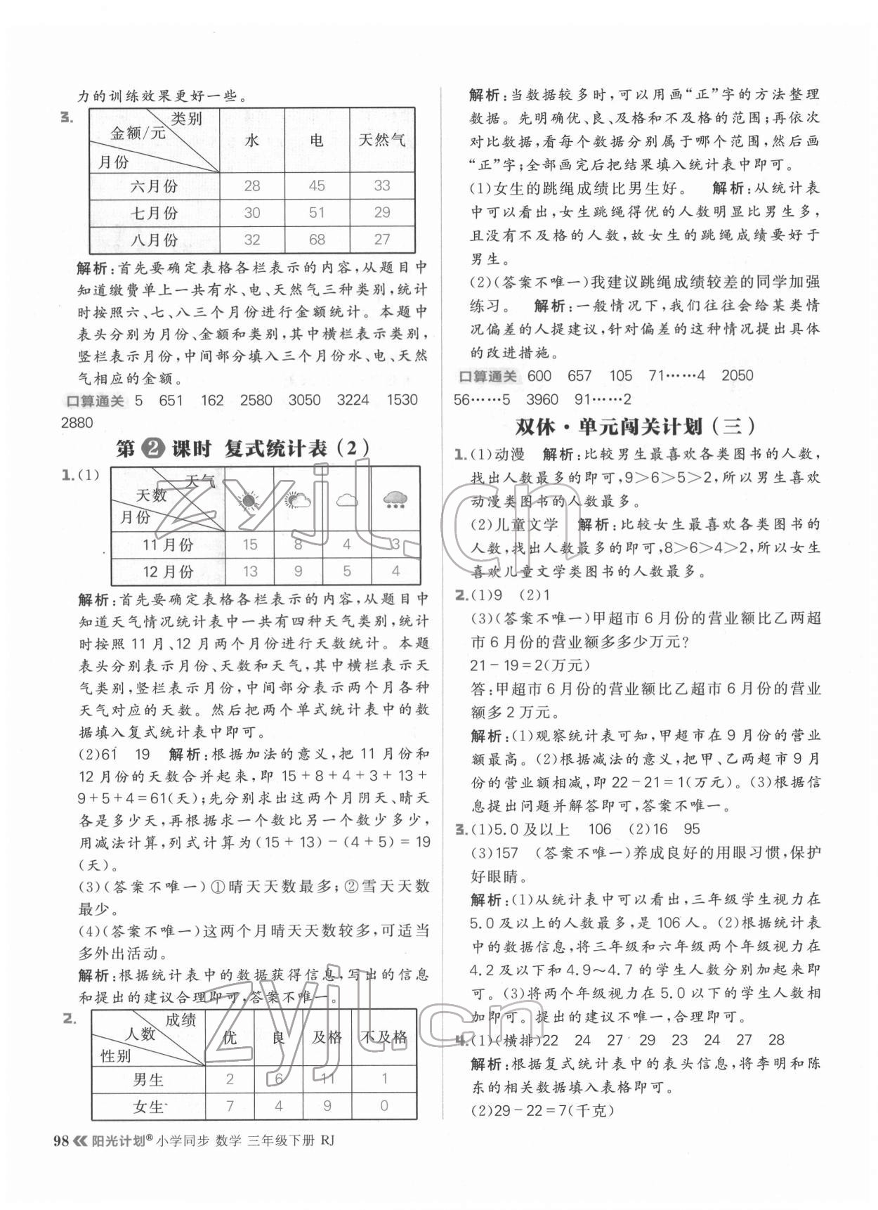 2022年阳光计划小学同步三年级数学下册人教版 参考答案第14页