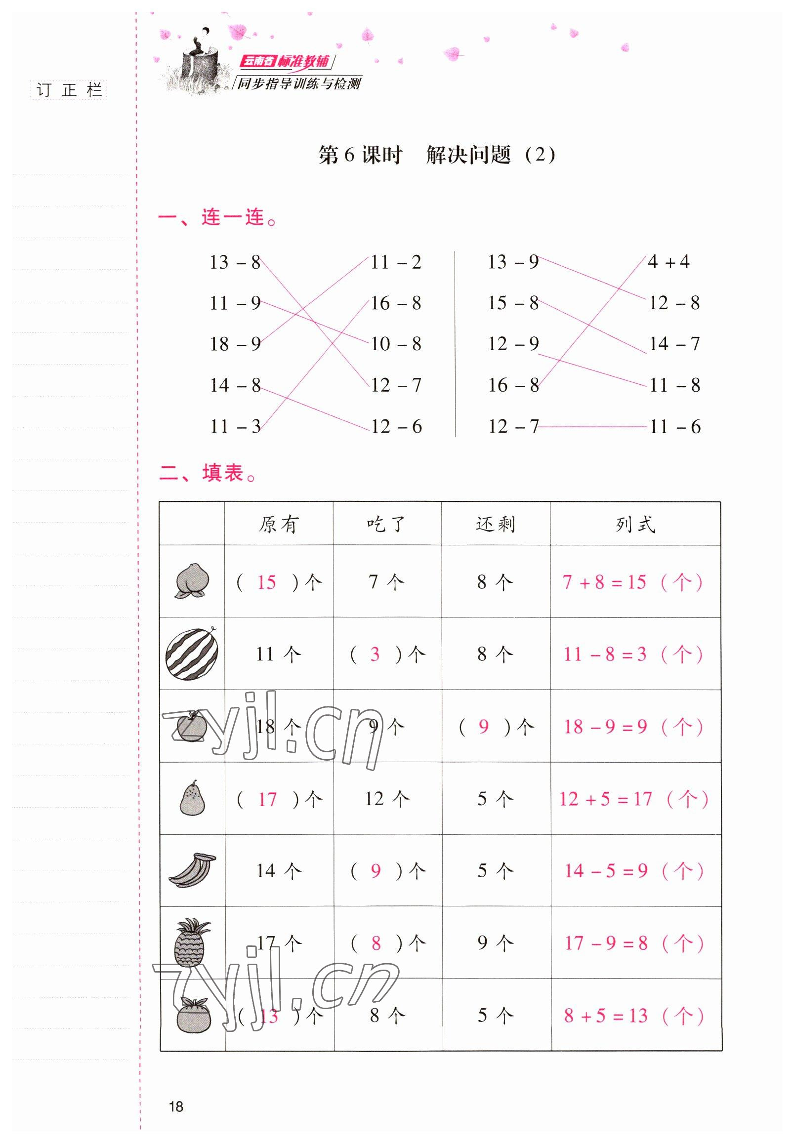 2022年云南省标准教辅同步指导训练与检测一年级数学下册人教版 参考答案第17页