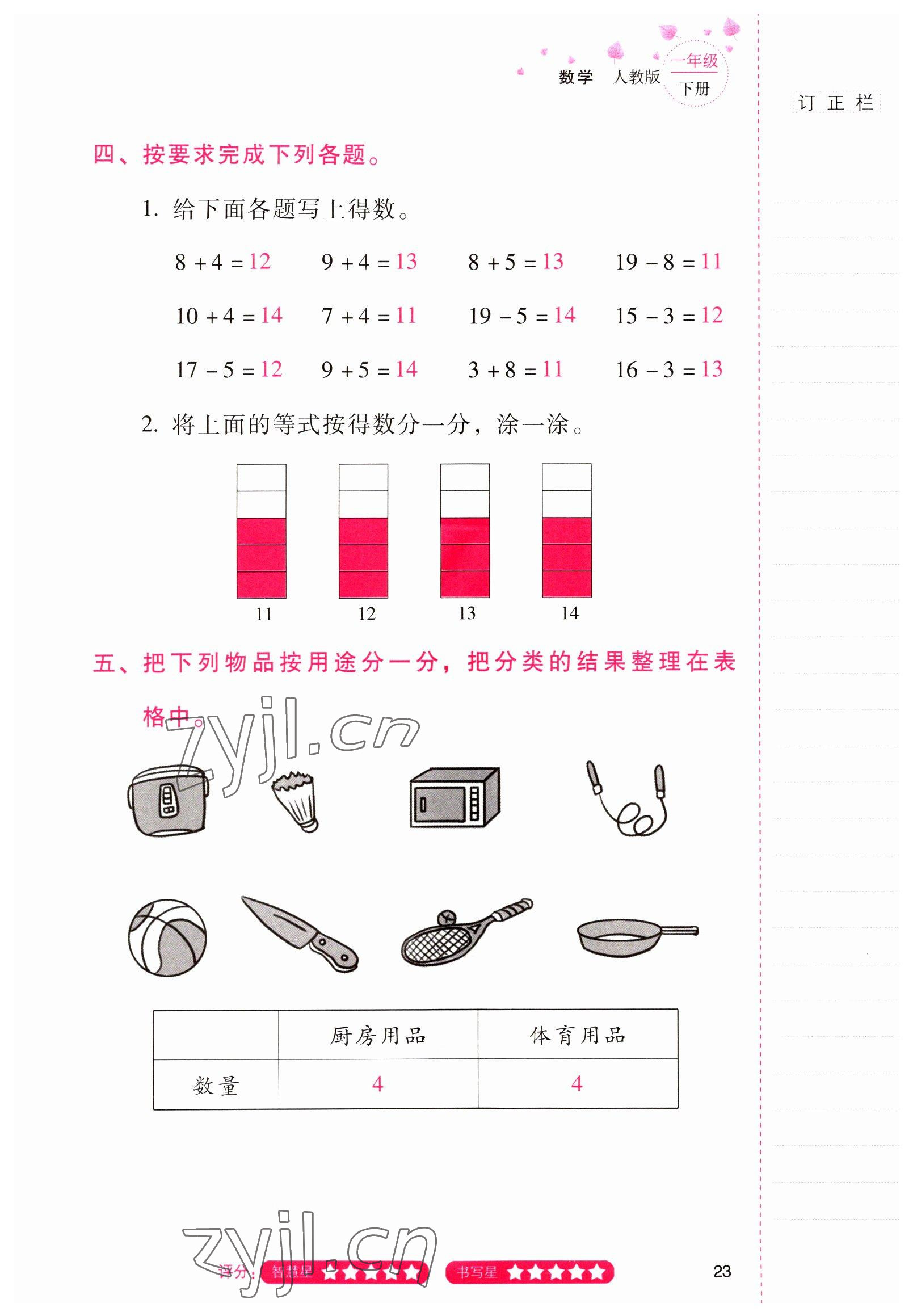 2022年云南省标准教辅同步指导训练与检测一年级数学下册人教版 参考答案第22页