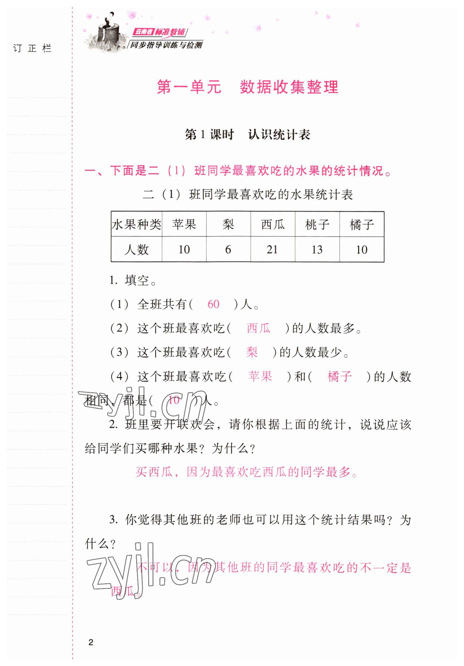 2022年云南省标准教辅同步指导训练与检测二年级数学下册人教版 参考答案第1页