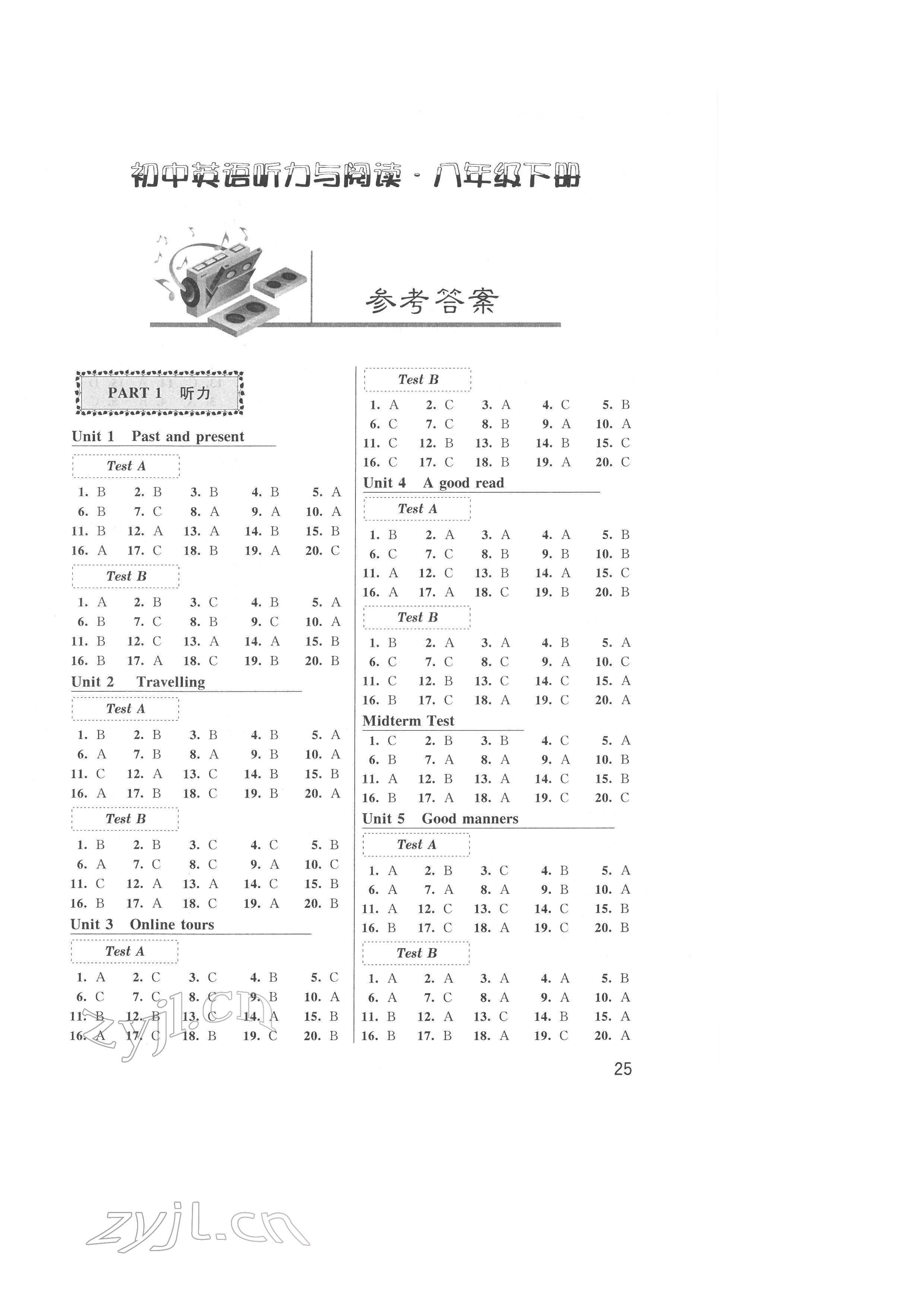 2022年聽讀教室初中英語聽力與閱讀八年級(jí)下冊(cè) 參考答案第1頁