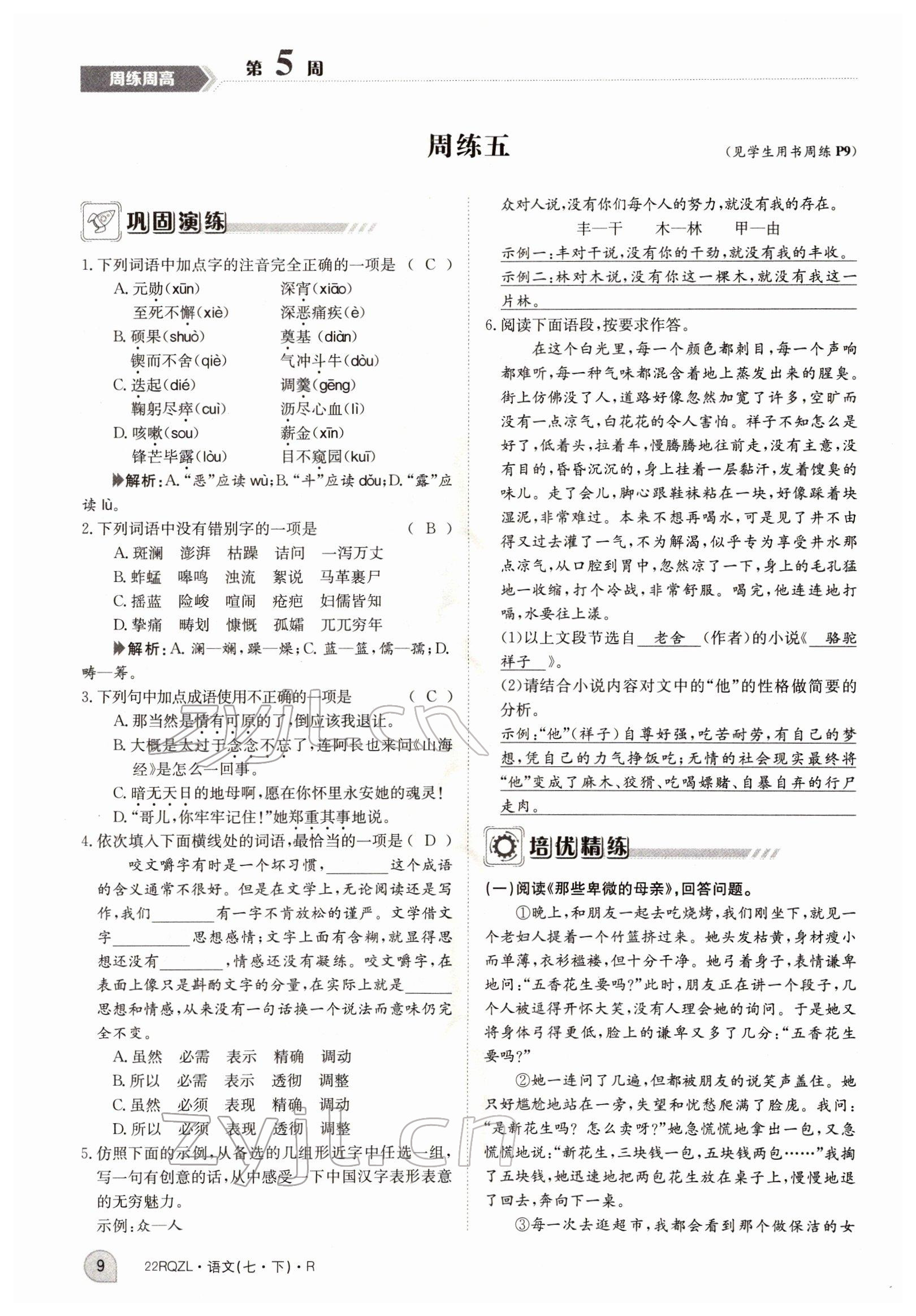 2022年日清周練七年級(jí)語(yǔ)文下冊(cè)人教版 參考答案第9頁(yè)