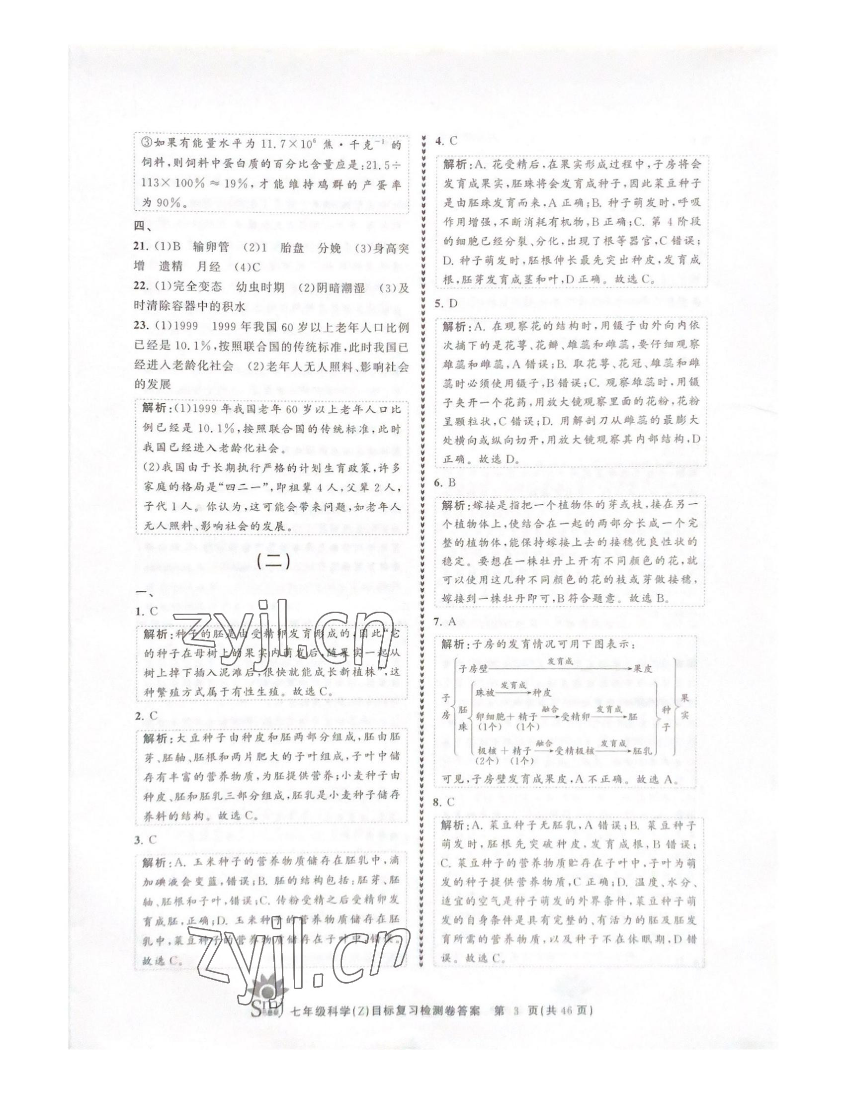 2022年目標復(fù)習(xí)檢測卷七年級科學(xué)下冊浙教版 參考答案第3頁