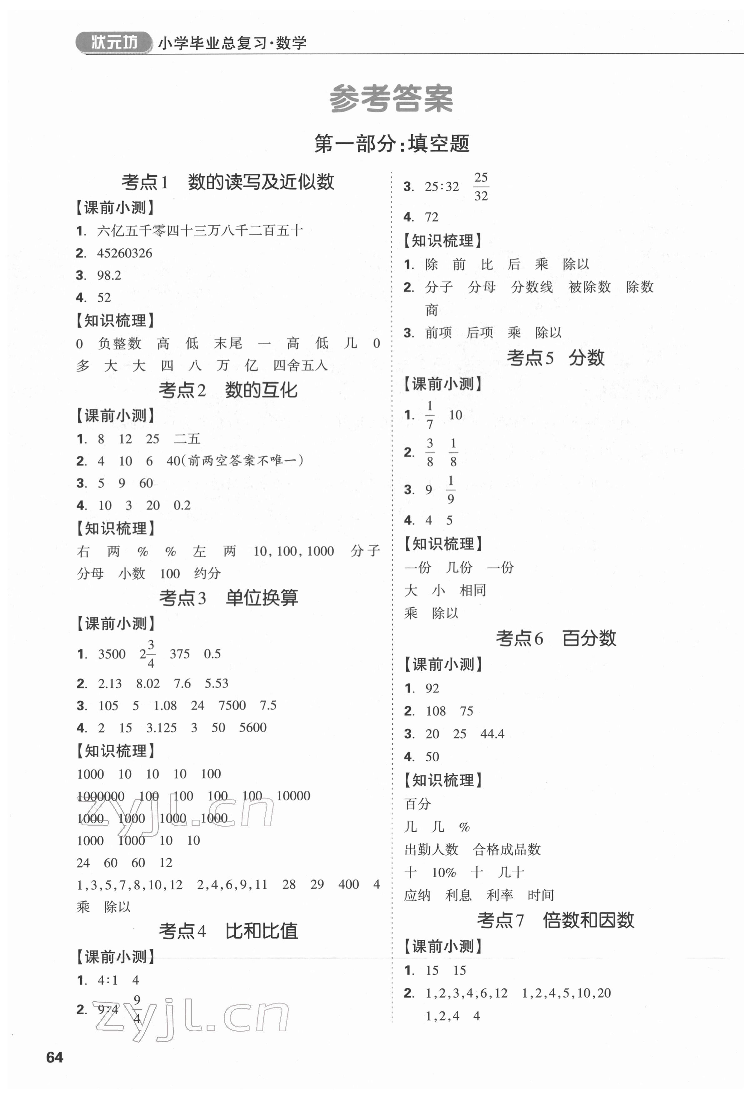 2022年广东小学毕业总复习数学 参考答案第1页