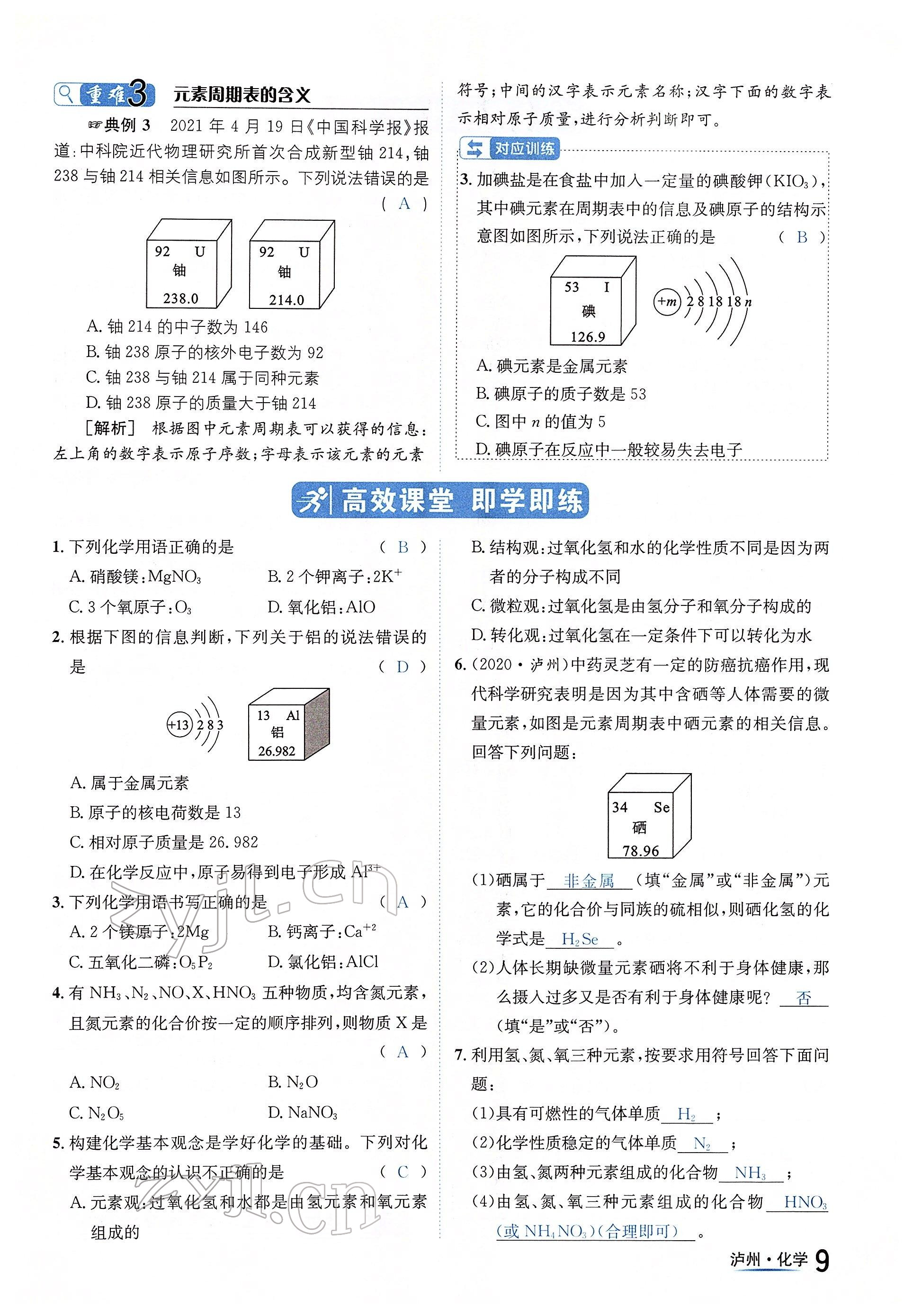 2022年國(guó)華考試中考總動(dòng)員化學(xué)瀘州專(zhuān)版 參考答案第9頁(yè)