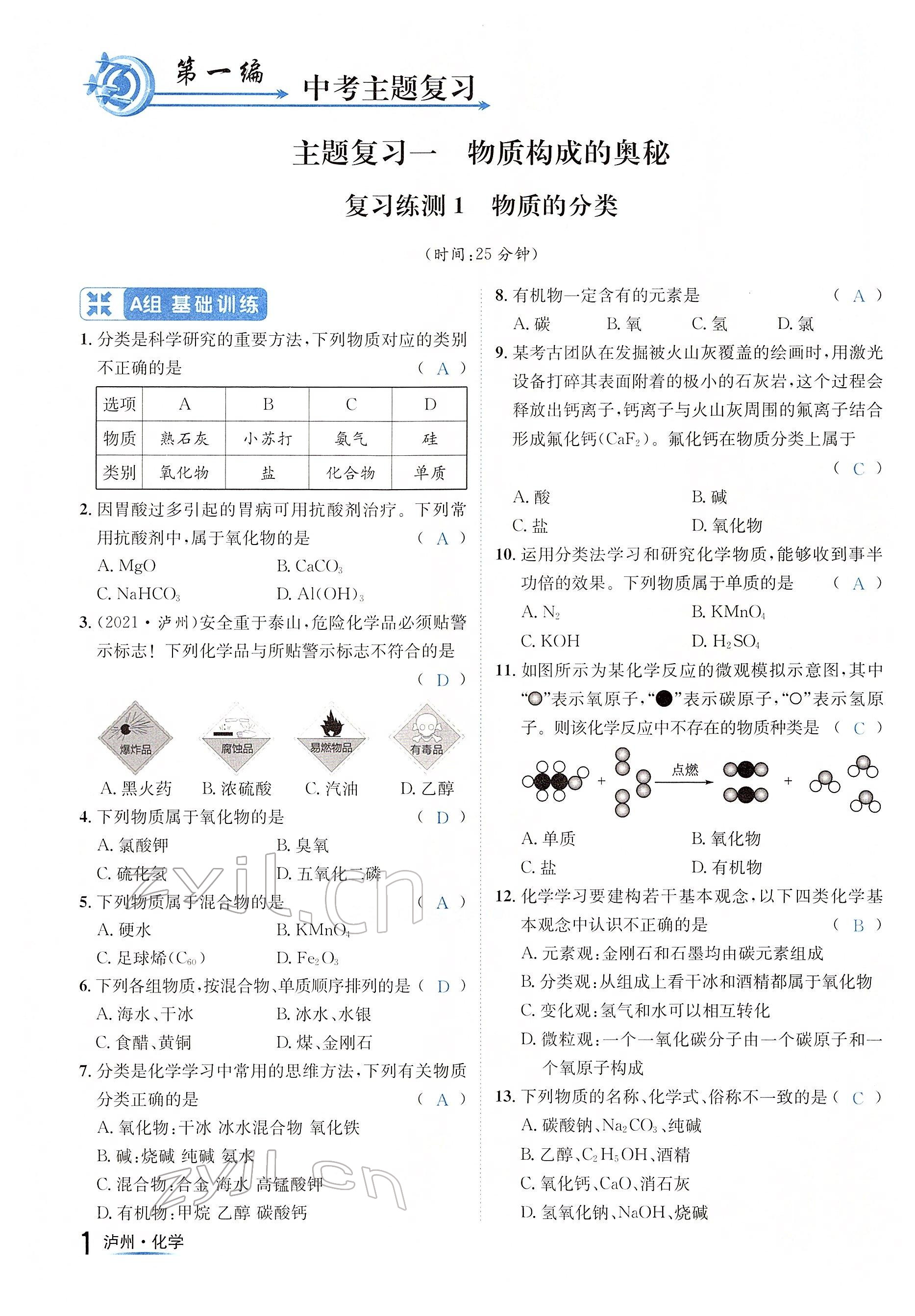 2022年國華考試中考總動(dòng)員化學(xué)瀘州專版 參考答案第1頁