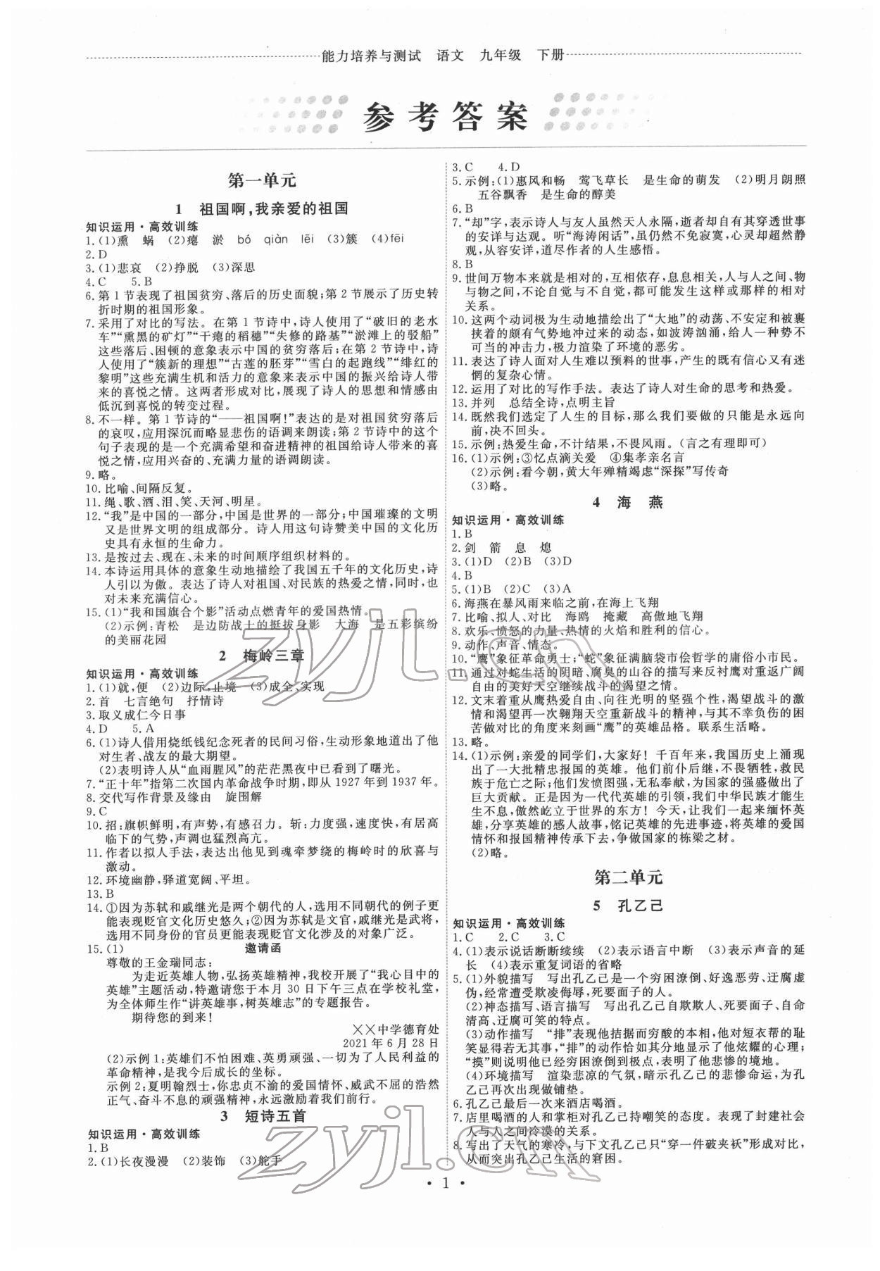 2022年能力培养与测试九年级语文下册人教版湖南专版 第1页