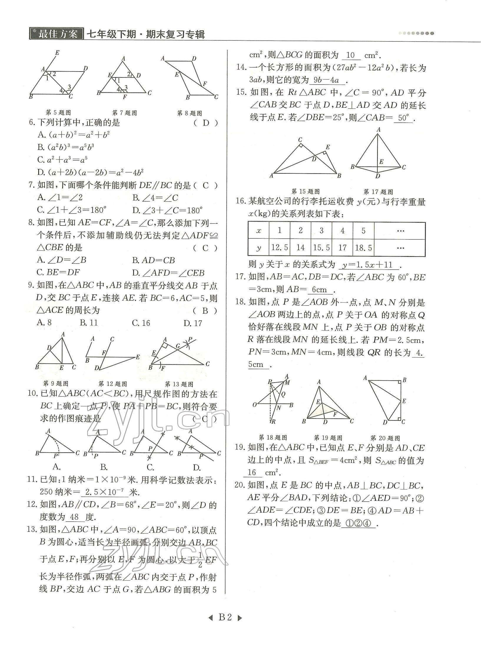 2022年每周過手最佳方案七年級數(shù)學下冊北師大版 參考答案第2頁