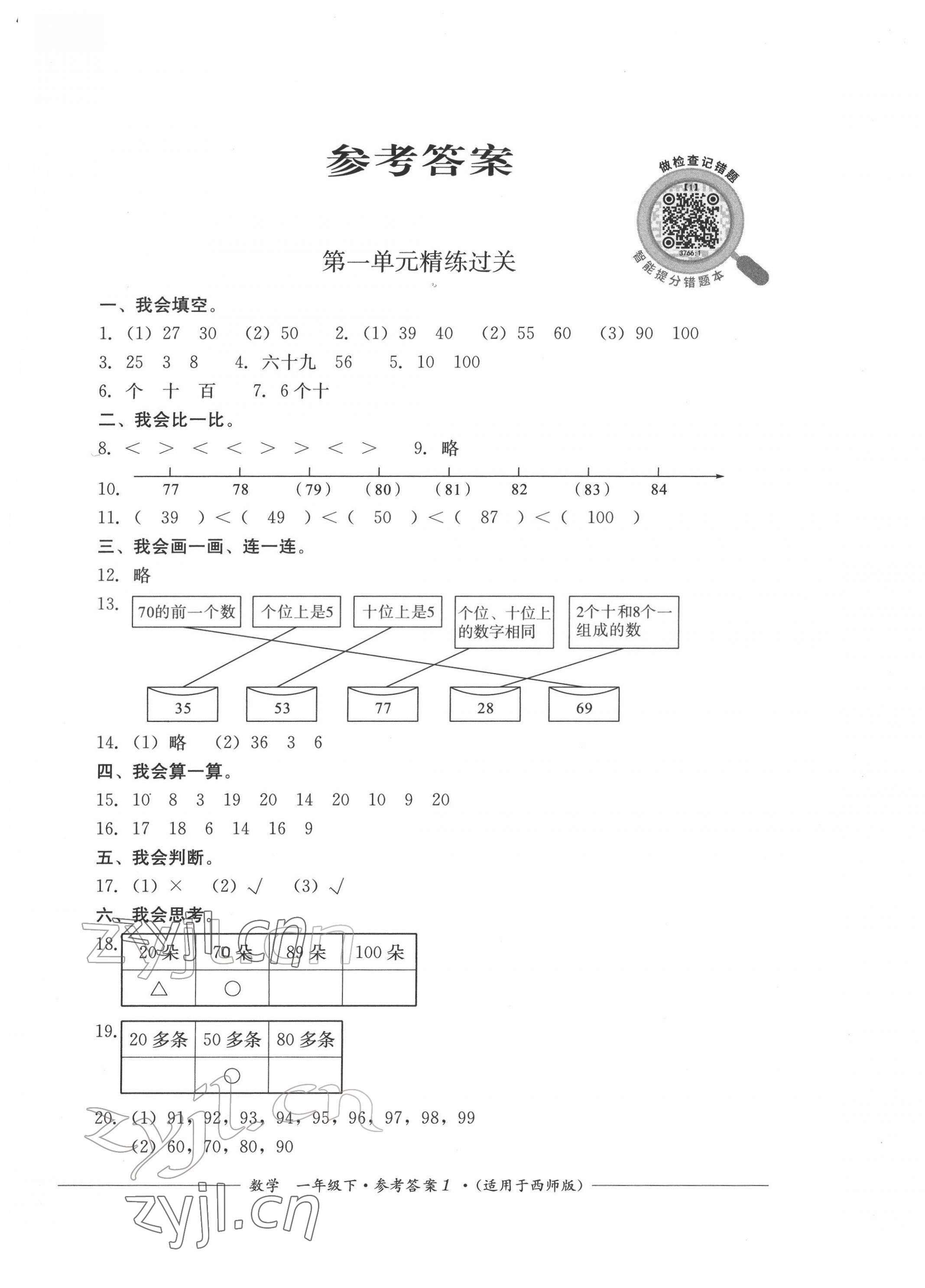 2022年精练过关四川教育出版社一年级数学下册西师大版 第1页