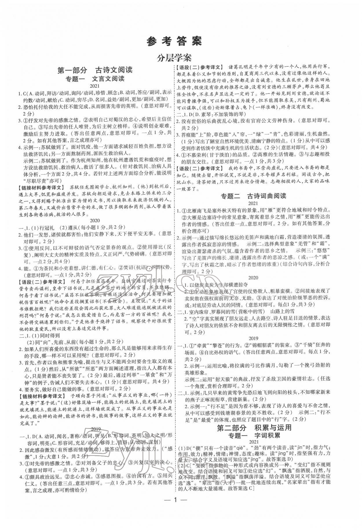 2022年中考通语文中考河南专版 参考答案第1页