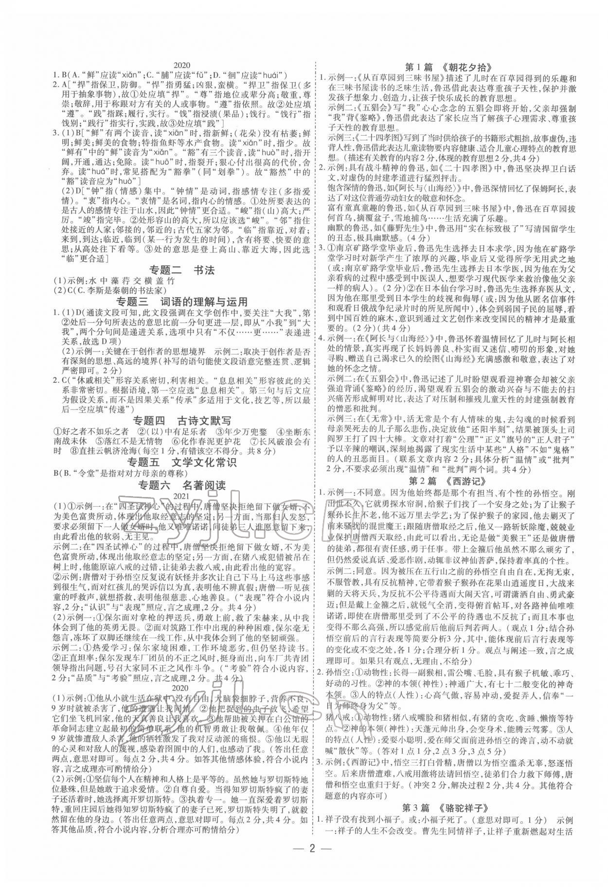 2022年中考通语文中考河南专版 参考答案第2页