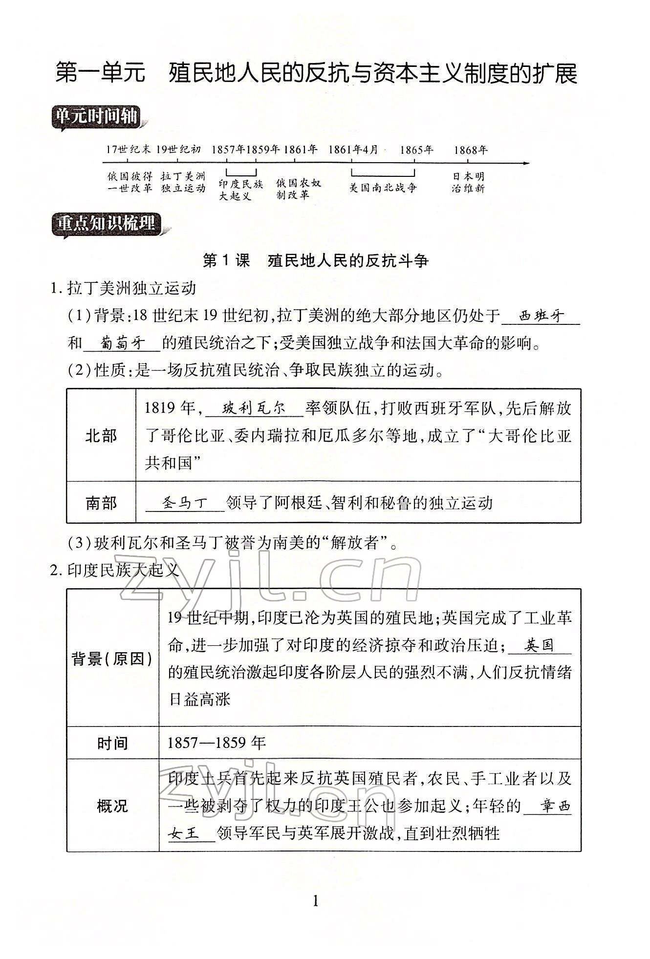 2022年畅行课堂九年级历史下册人教版山西专版 参考答案第1页