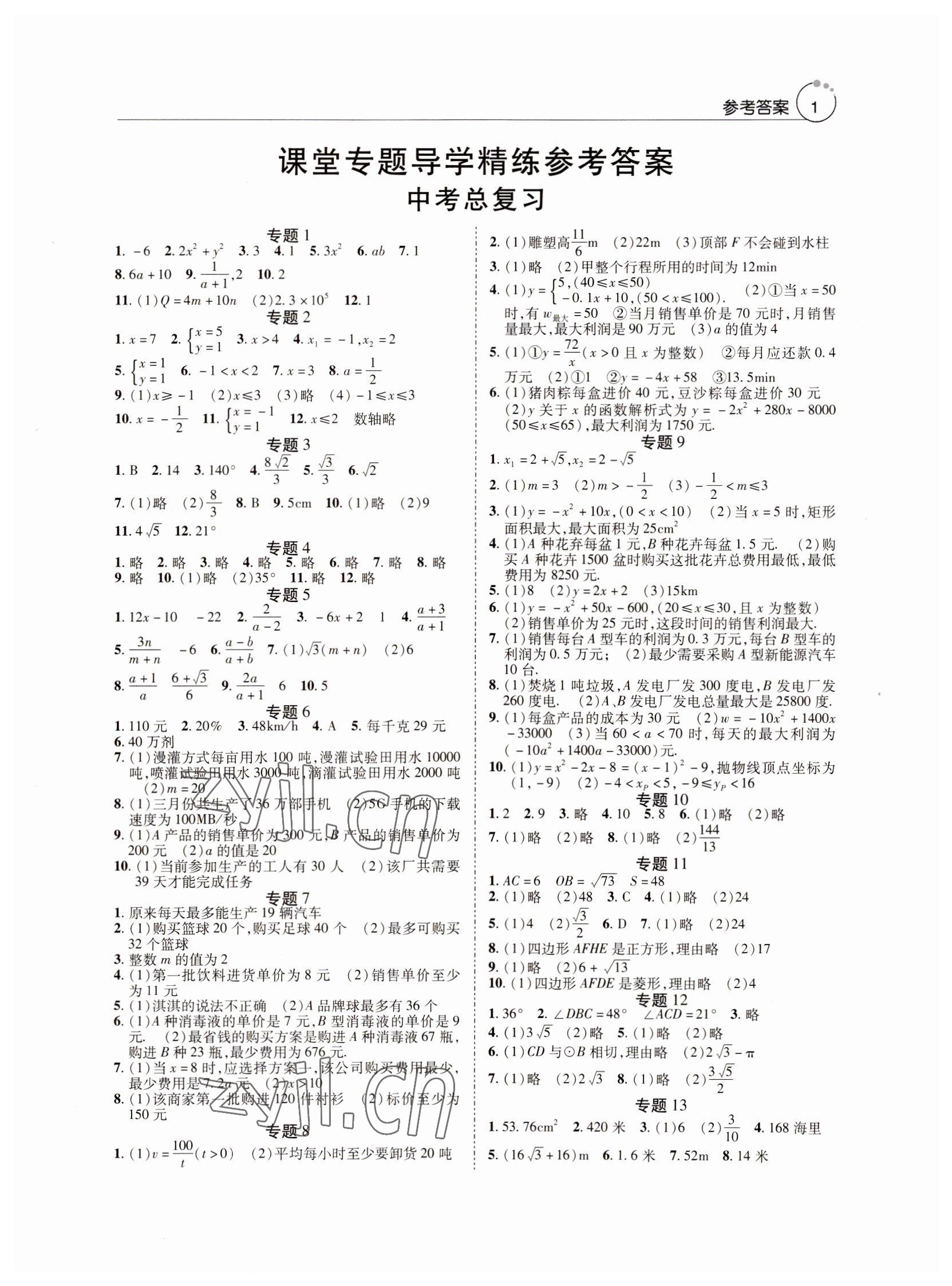 2022年课堂专题导学精练数学&nbsp;参考答案第1页
