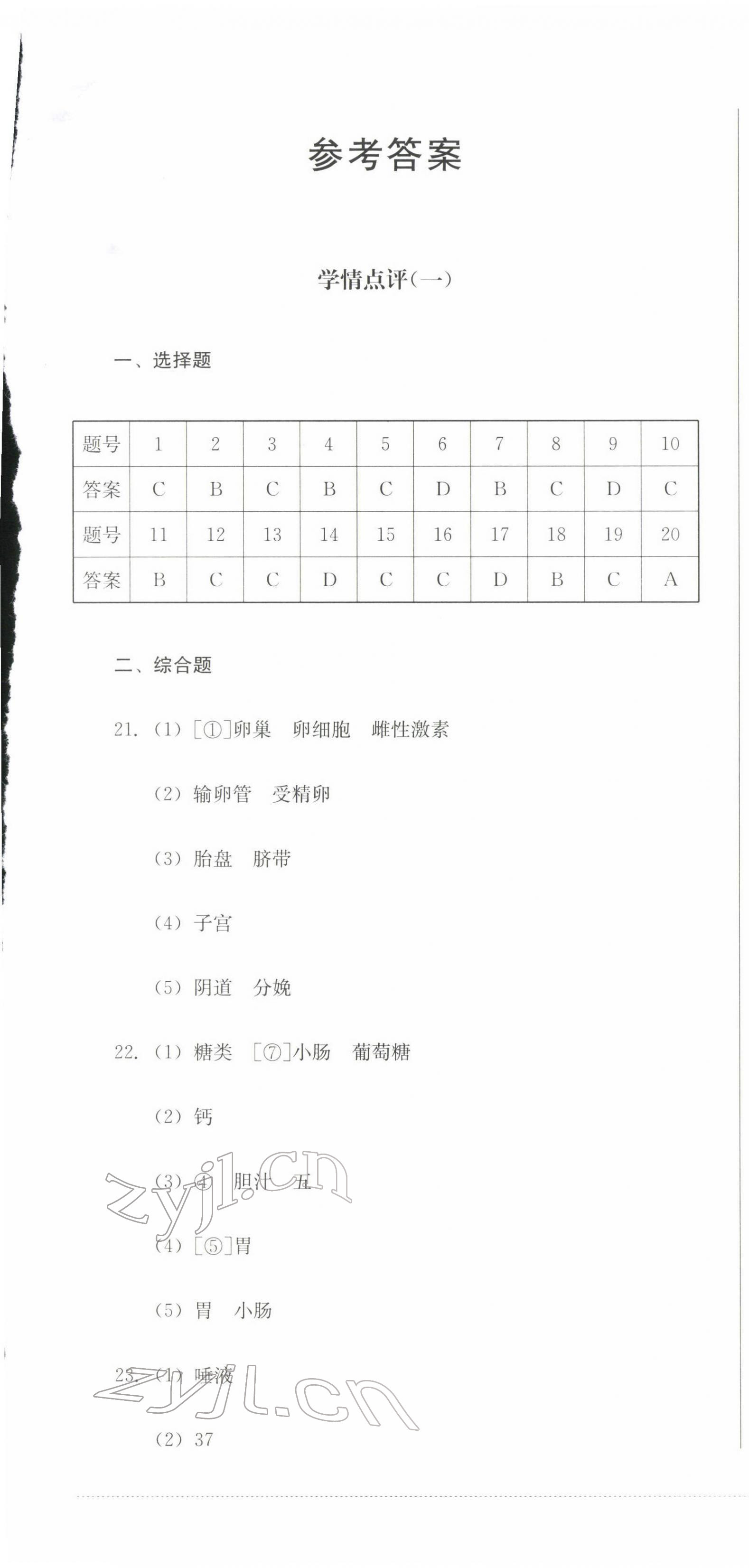 2022年学情点评四川教育出版社七年级生物下册人教版 第1页