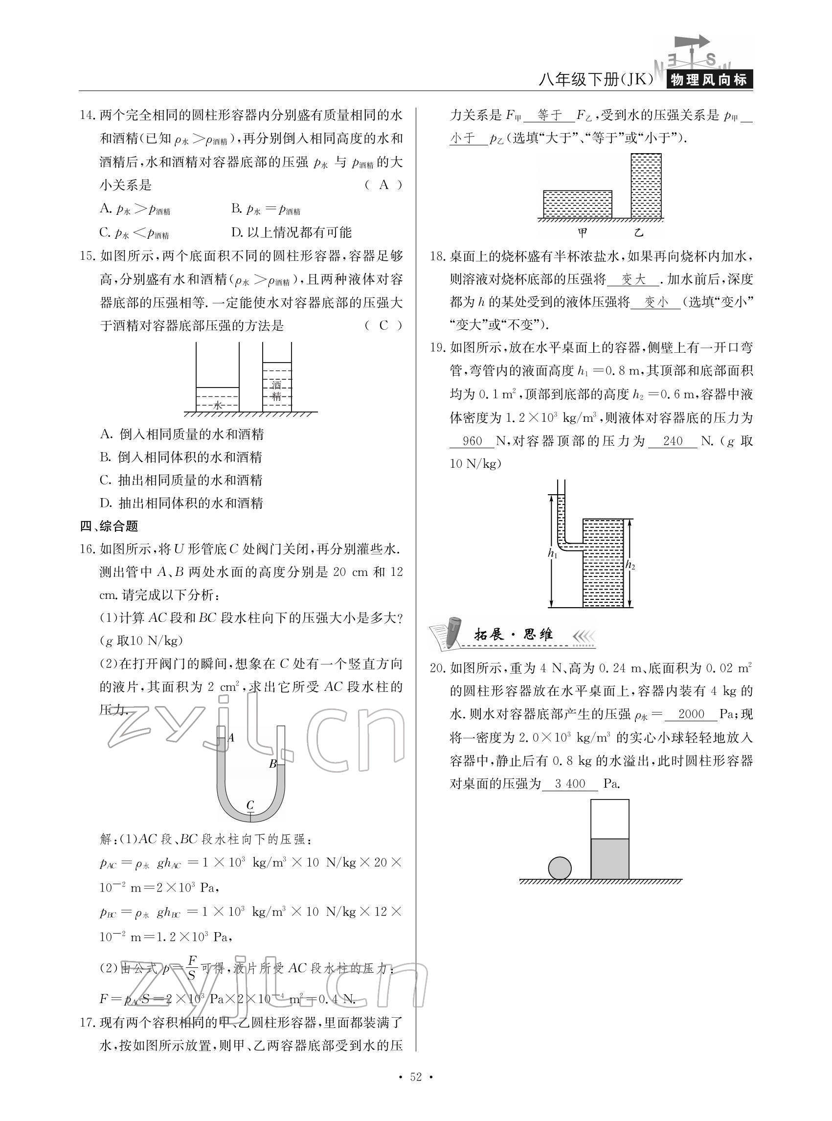 2022年物理风向标八年级下册教科版 参考答案第52页