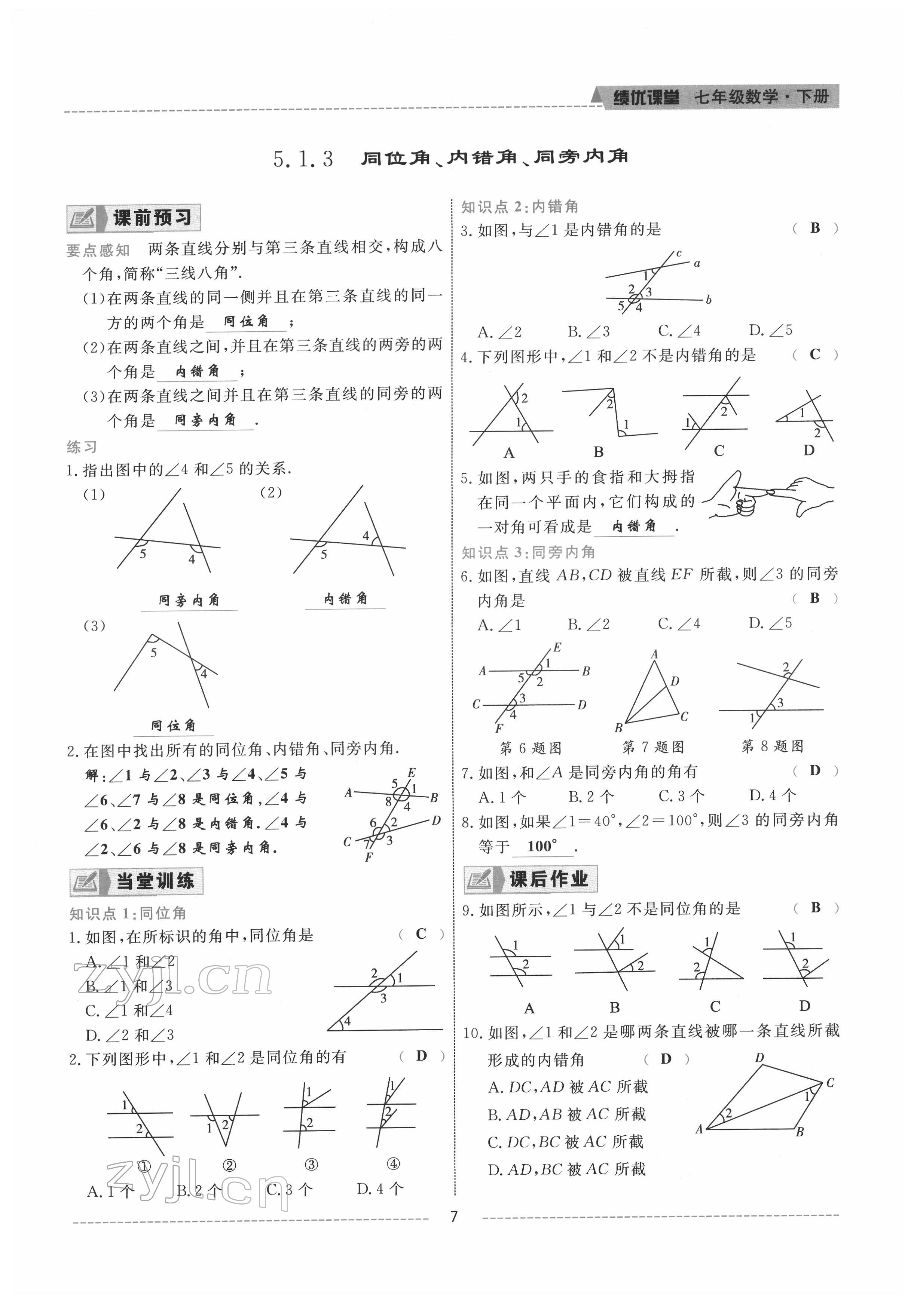 2022年绩优课堂高效提升满分备考七年级数学下册人教版 参考答案第7页