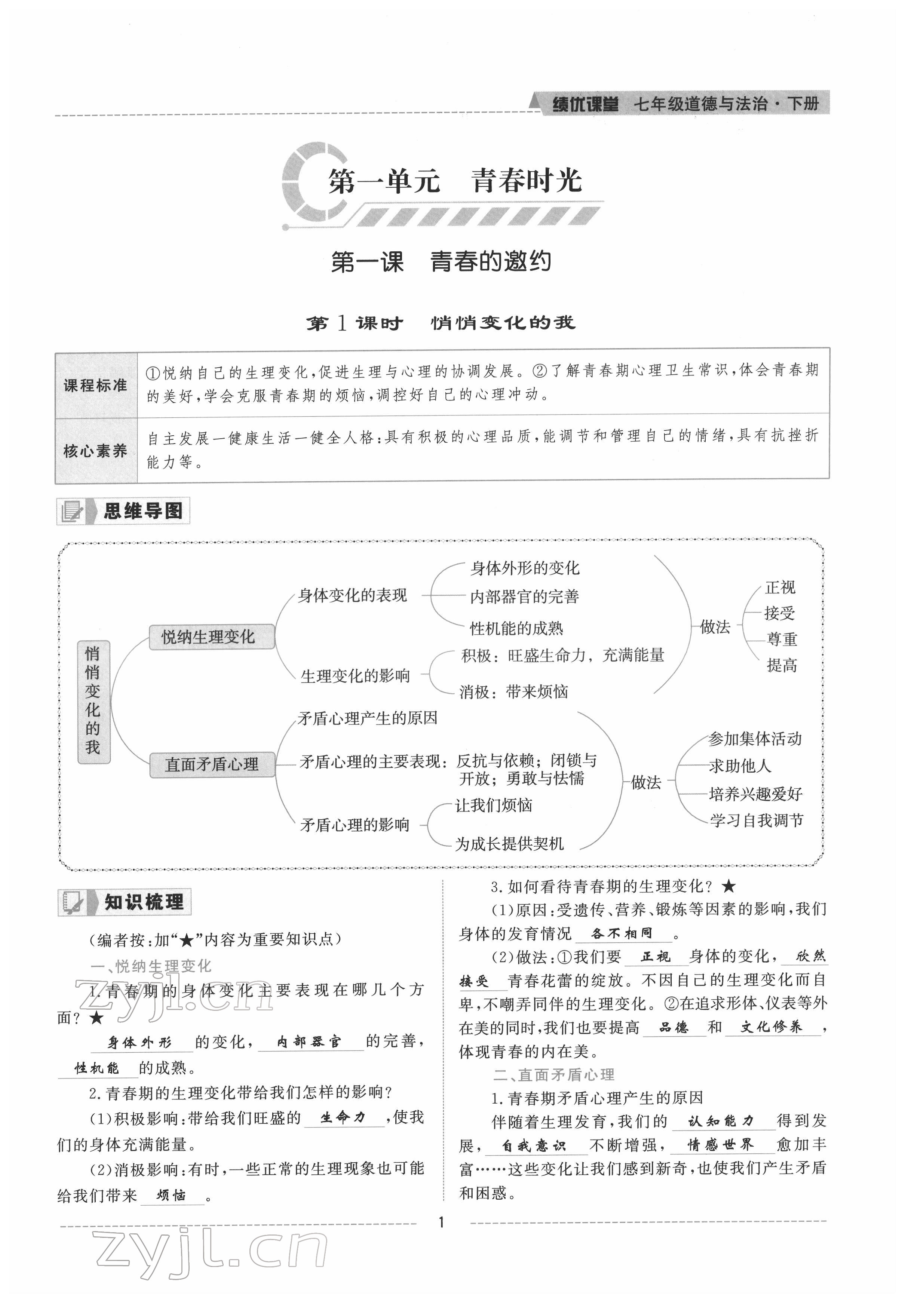 2022年績(jī)優(yōu)課堂高效提升滿分備考七年級(jí)道德與法治下冊(cè)人教版 參考答案第1頁(yè)