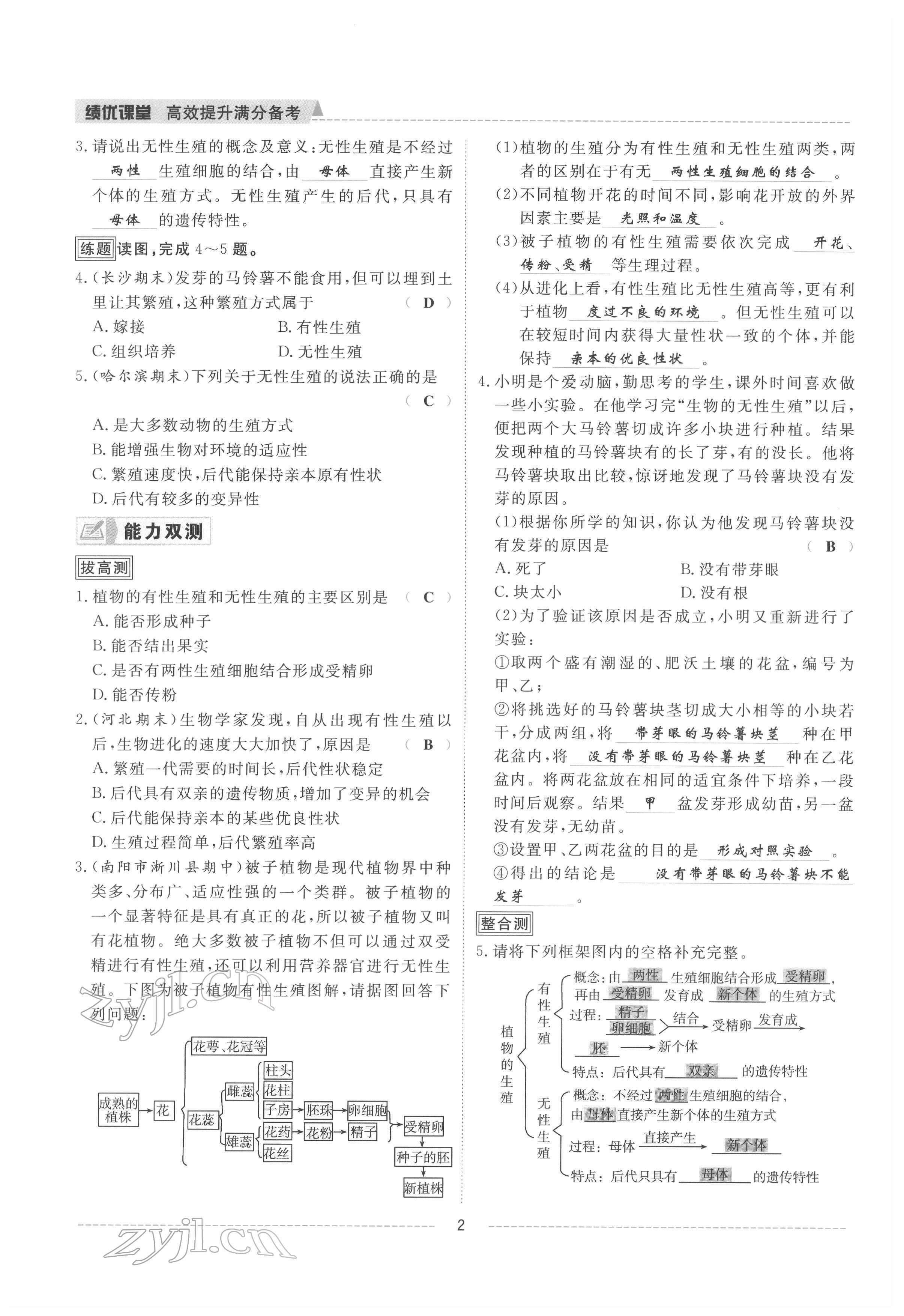 2022年绩优课堂高效提升满分备考八年级生物下册人教版 参考答案第2页