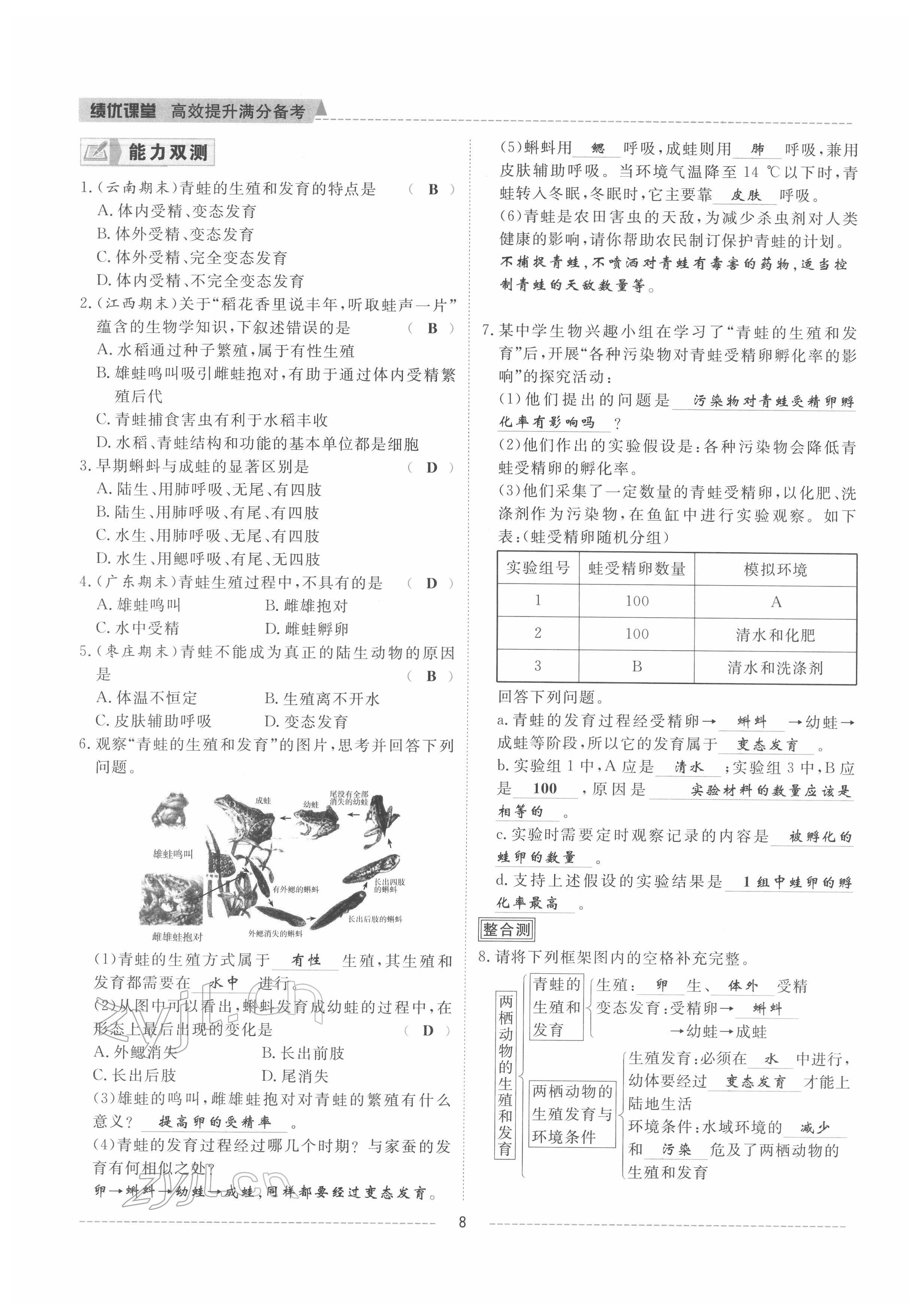 2022年绩优课堂高效提升满分备考八年级生物下册人教版 参考答案第8页