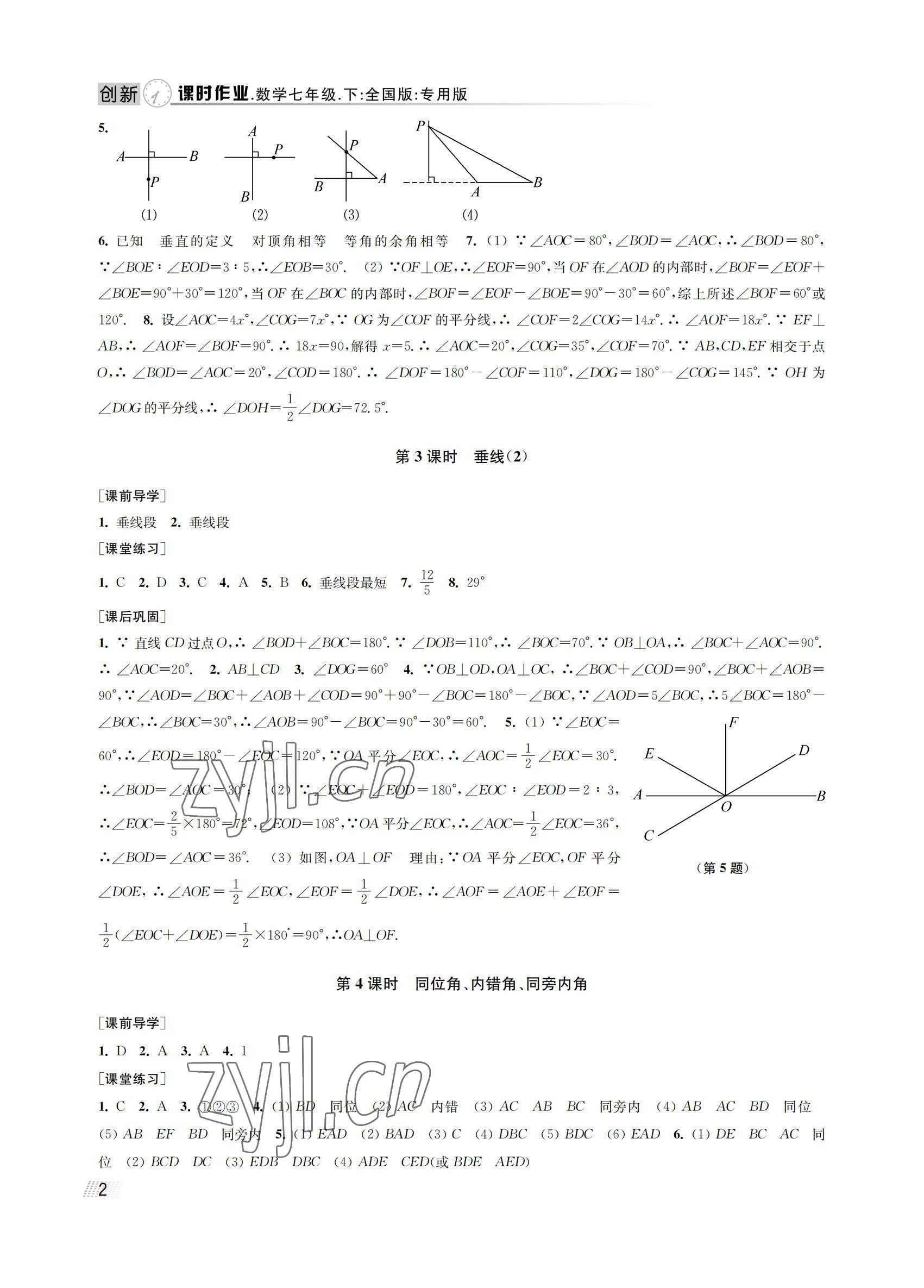 2022年创新课时作业七年级数学下册人教版全国版专用版 参考答案第2页