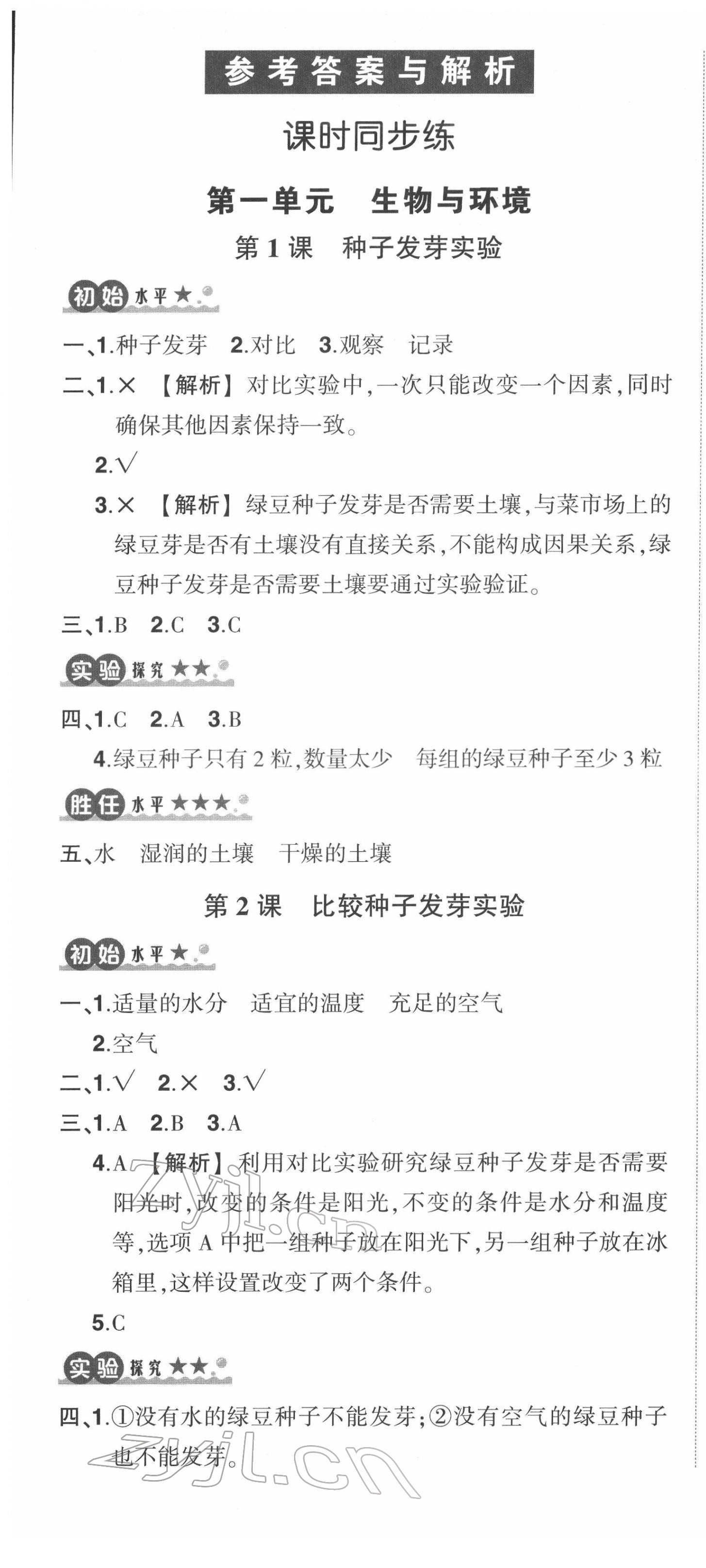 2022年状元成才路创优作业100分五年级科学下册教科版 参考答案第1页