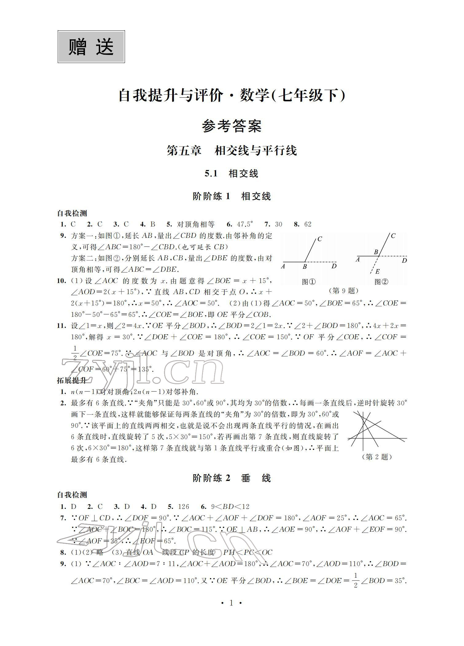 2022年自我提升与评价七年级数学下册 参考答案第1页