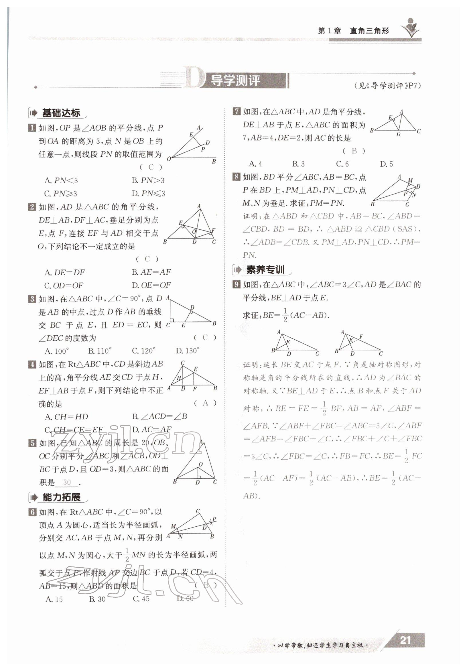 2022年金太阳导学测评八年级数学下册湘教版 参考答案第21页