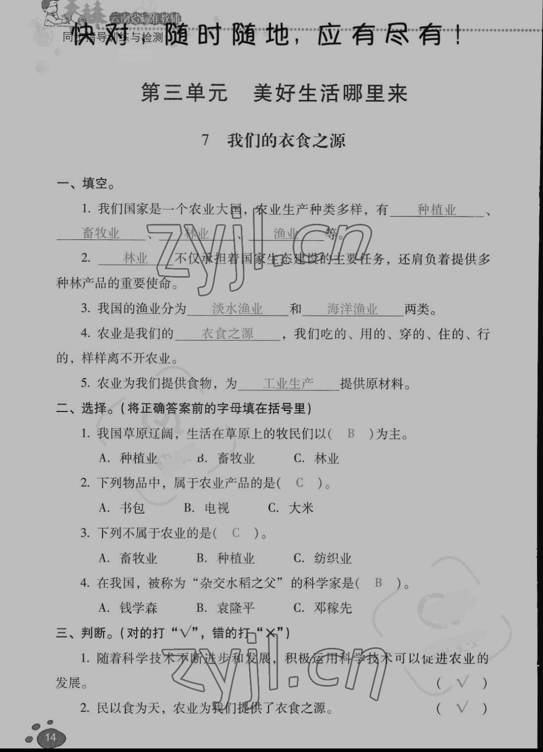 2022年云南省标准教辅同步指导训练与检测四年级道德与法治下册人教版 参考答案第13页